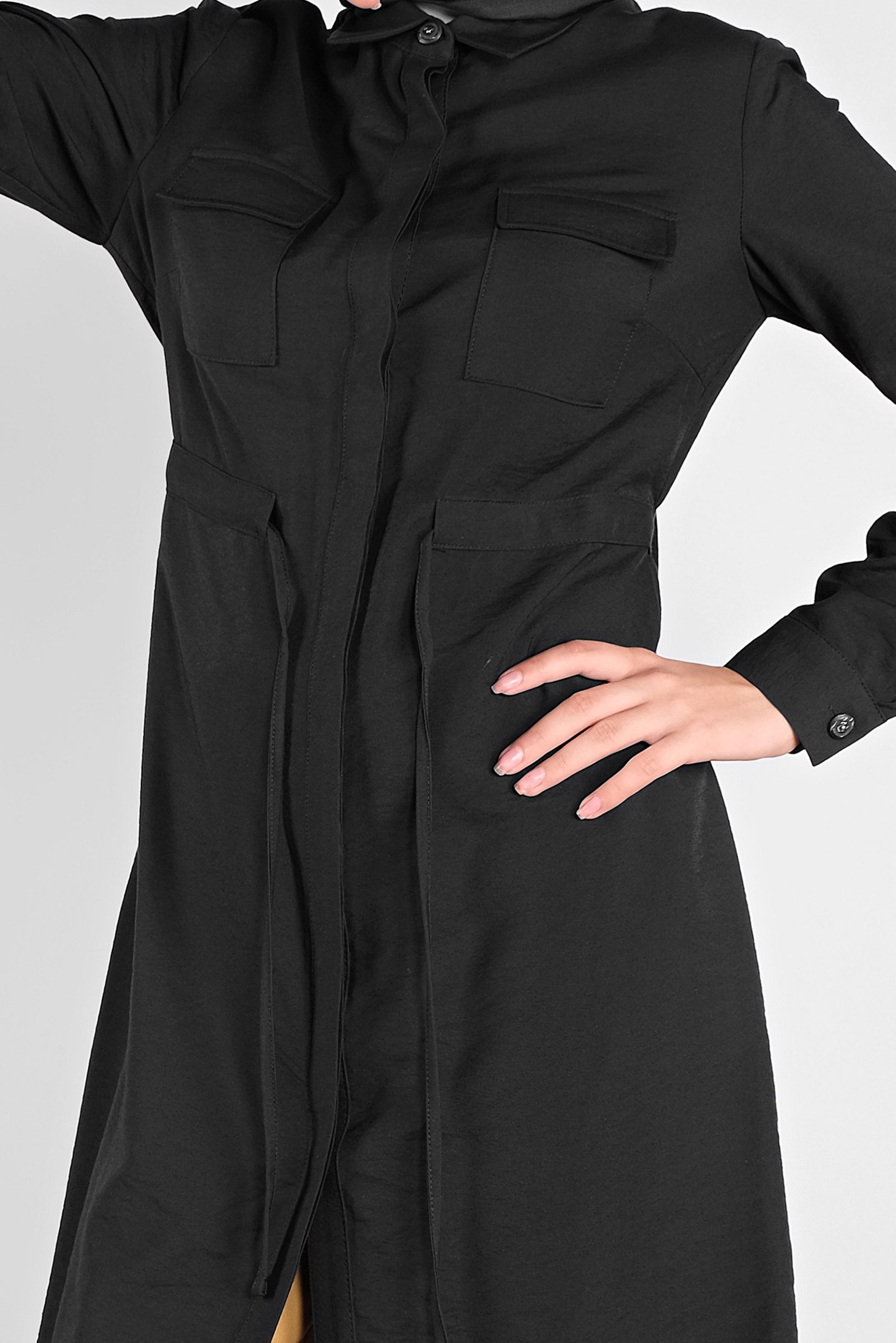 Tesettür giyim SİYAH BELİ BAĞCIKLI DÜĞMELİ TUNİK 41187 