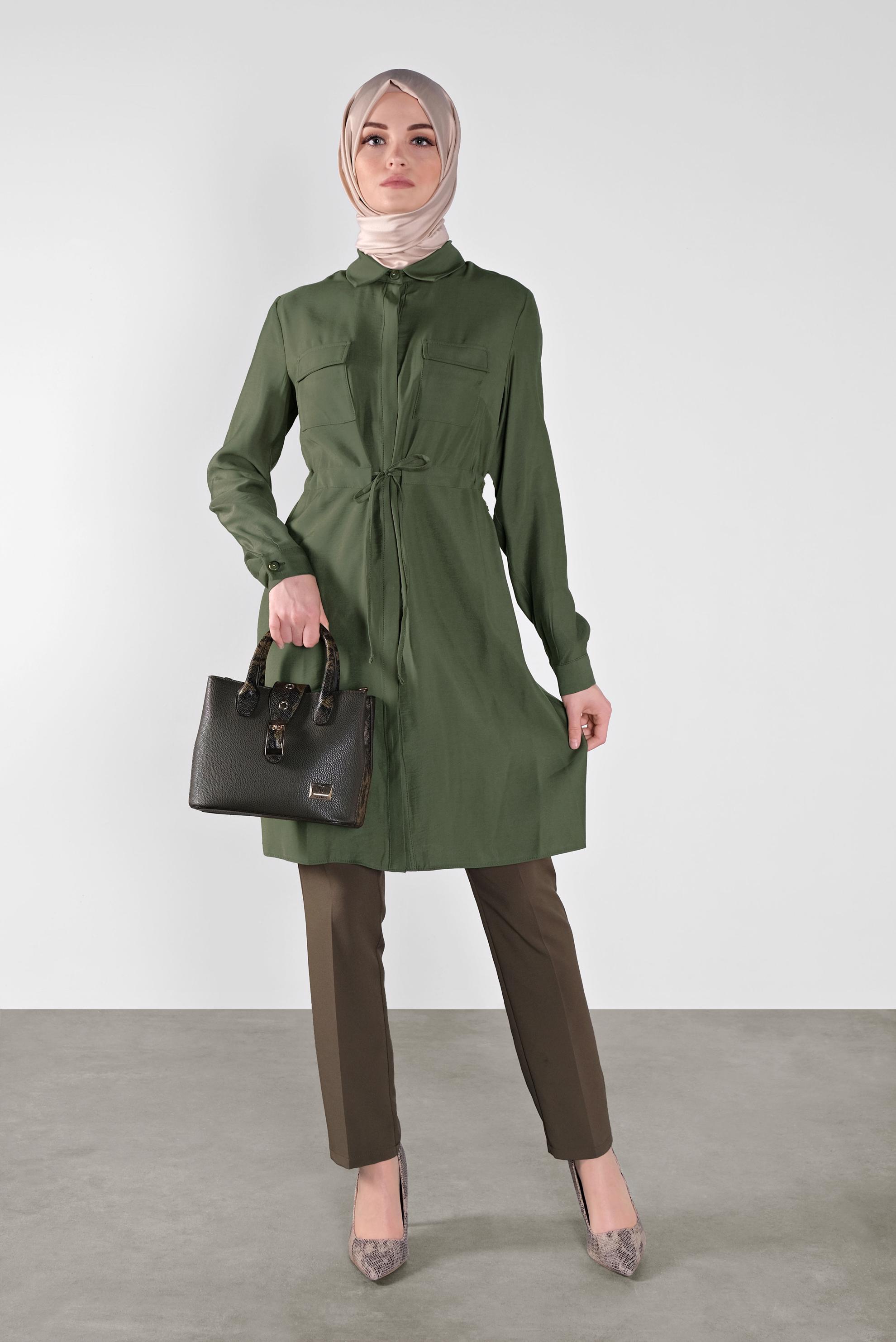 Tesettür giyim HAKİ BELİ BAĞCIKLI DÜĞMELİ TUNİK 41187 