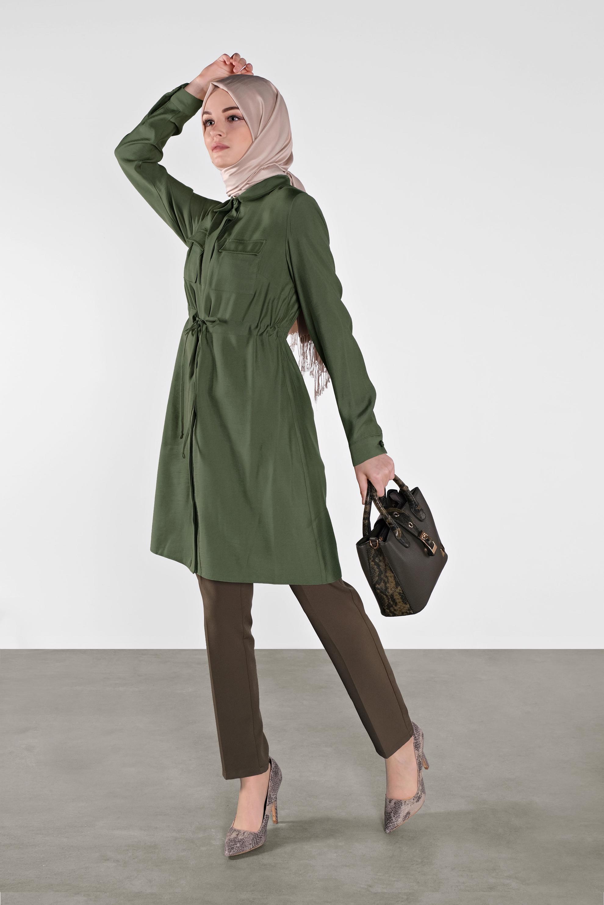 Tesettür giyim HAKİ BELİ BAĞCIKLI DÜĞMELİ TUNİK 41187 