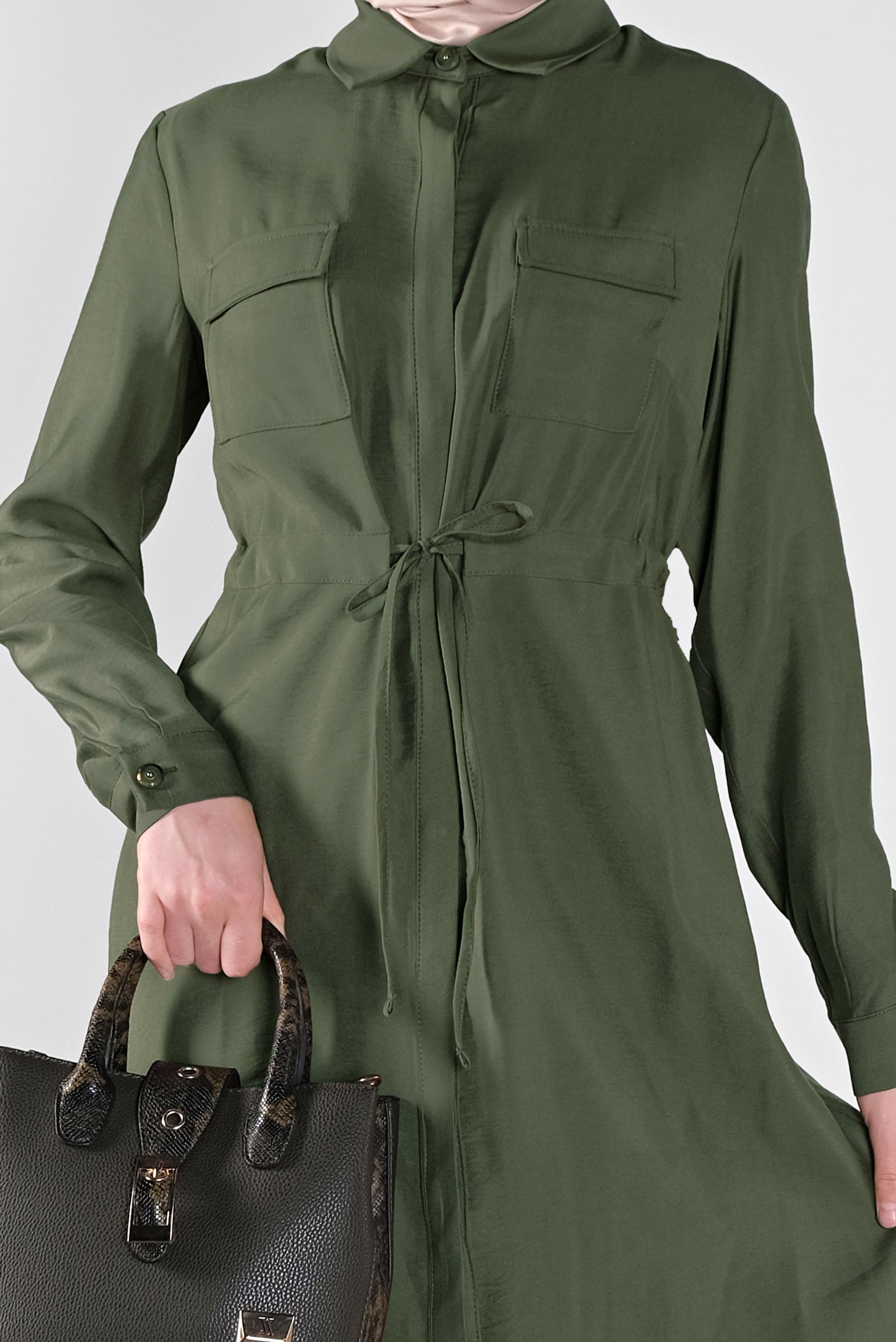 Tesettür giyim HAKİ BELİ BAĞCIKLI DÜĞMELİ TUNİK 41187 