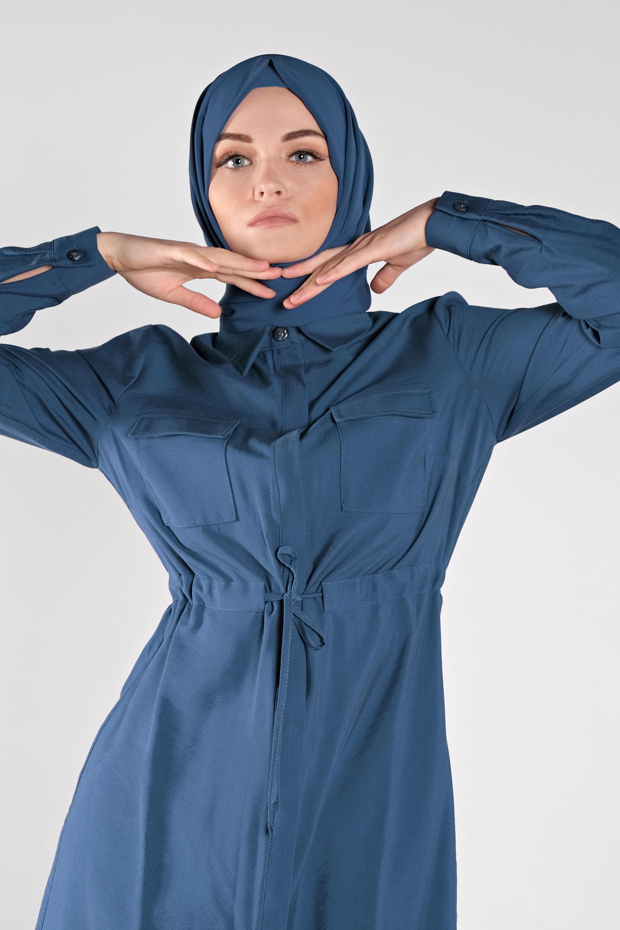 Tesettür giyim LACİVERT BELİ BAĞCIKLI DÜĞMELİ TUNİK 41187 