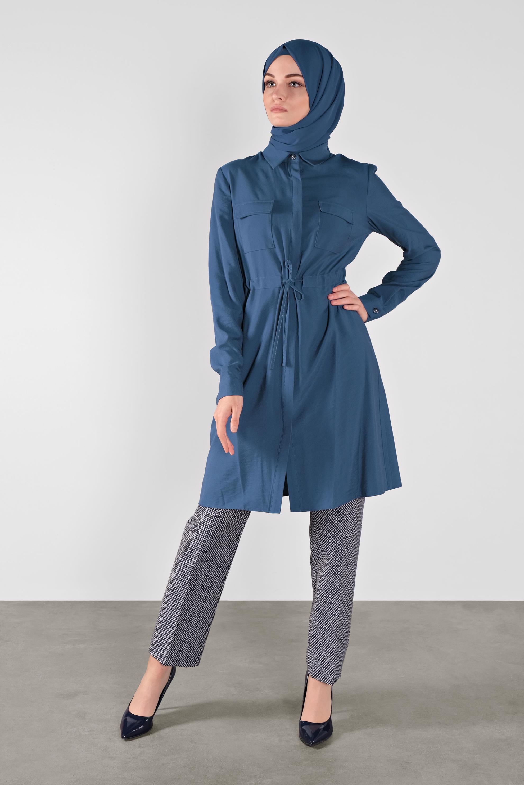 Tesettür giyim LACİVERT BELİ BAĞCIKLI DÜĞMELİ TUNİK 41187 