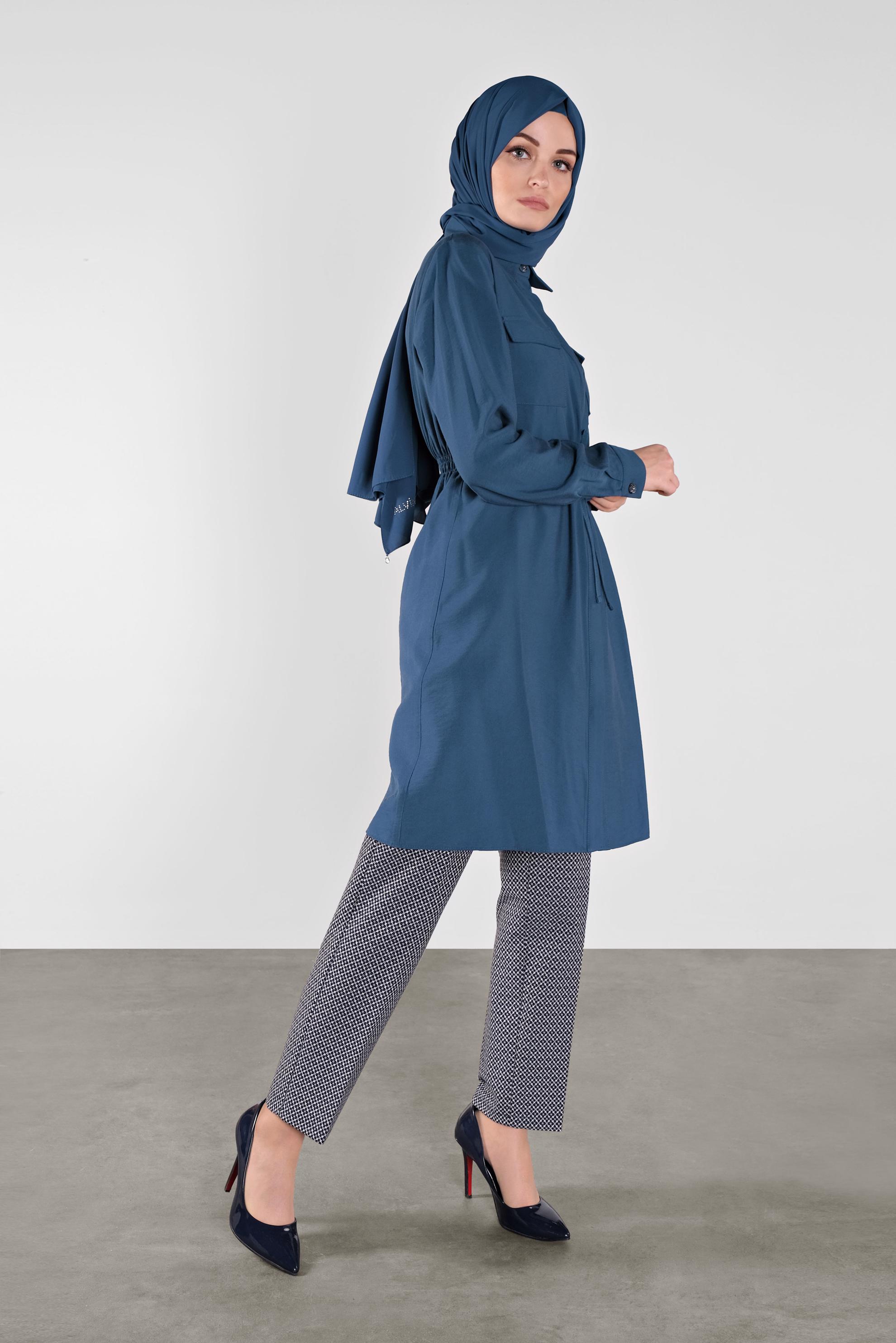 Tesettür giyim LACİVERT BELİ BAĞCIKLI DÜĞMELİ TUNİK 41187 