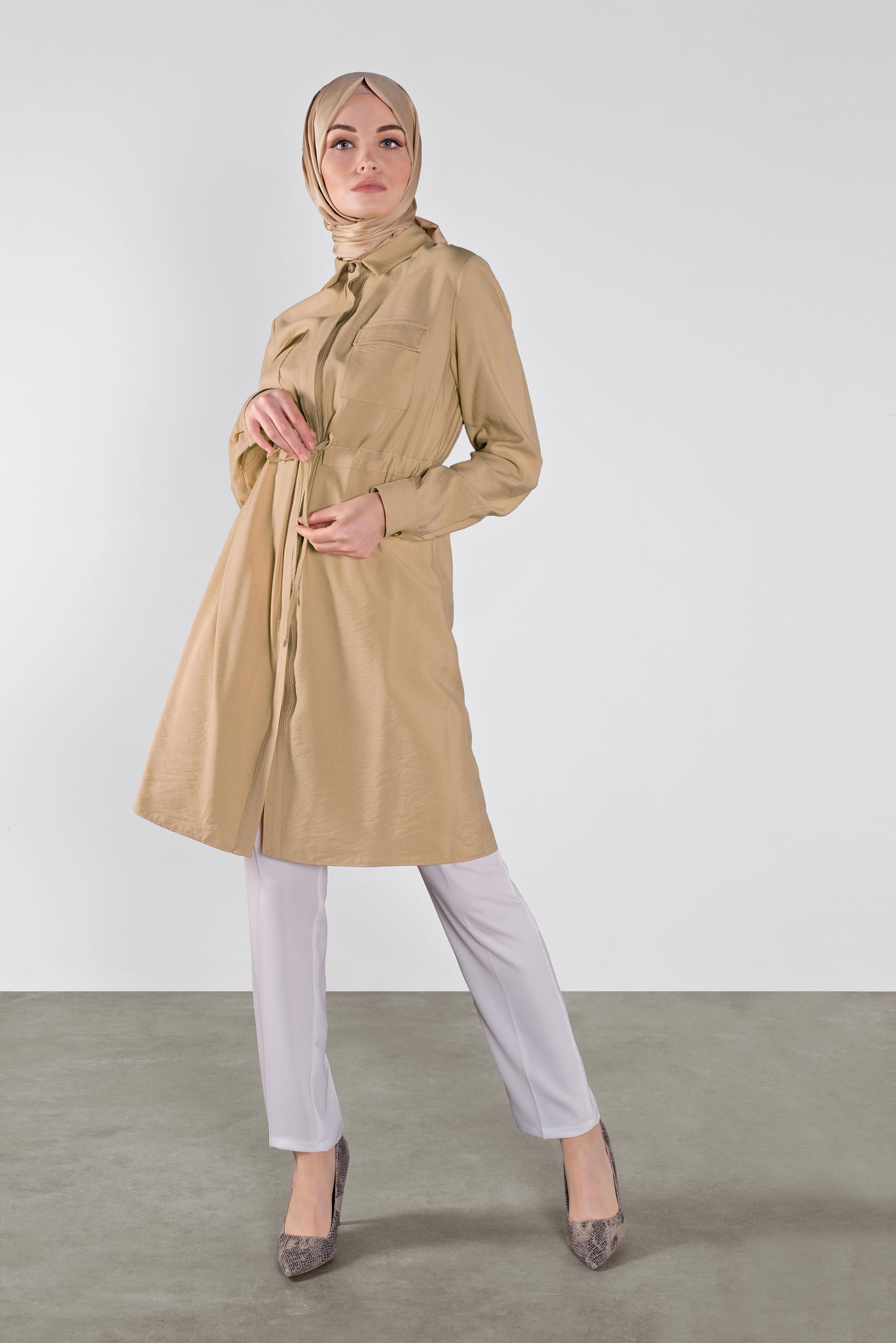 Tesettür giyim KAHVE BELİ BAĞCIKLI DÜĞMELİ TUNİK 41187 