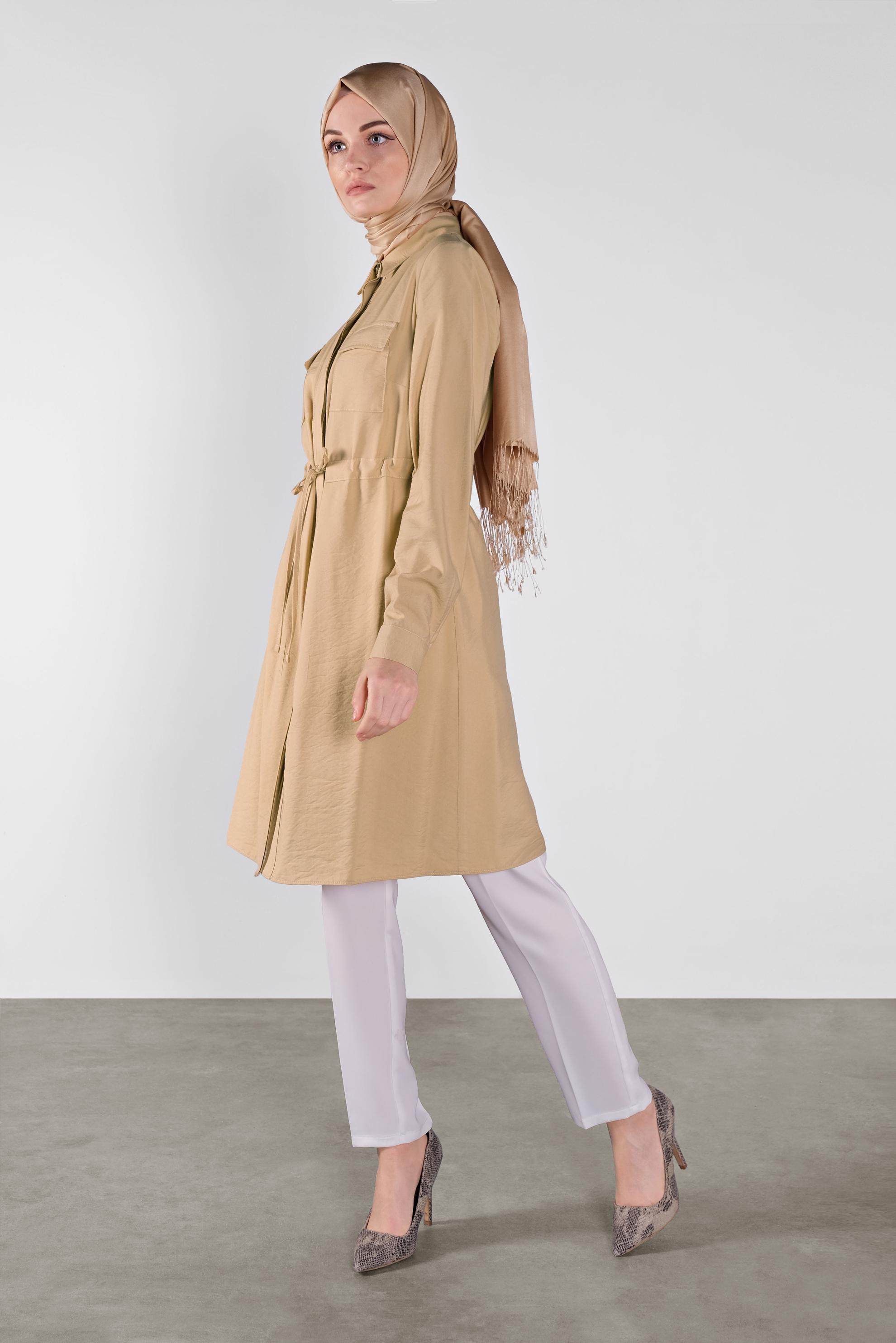 Tesettür giyim KAHVE BELİ BAĞCIKLI DÜĞMELİ TUNİK 41187 