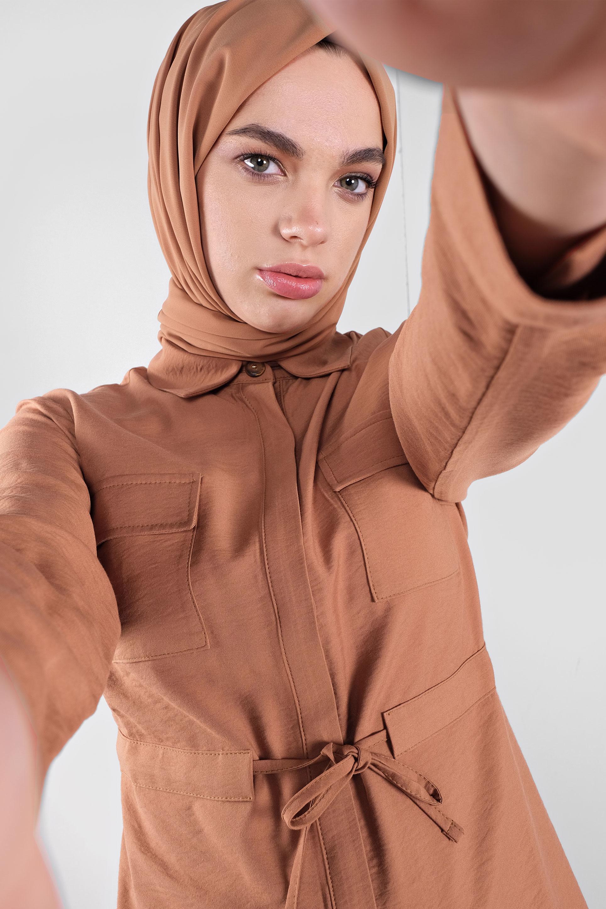 Tesettür giyim KAHVE BELİ BAĞCIKLI DÜĞMELİ TUNİK 41187 