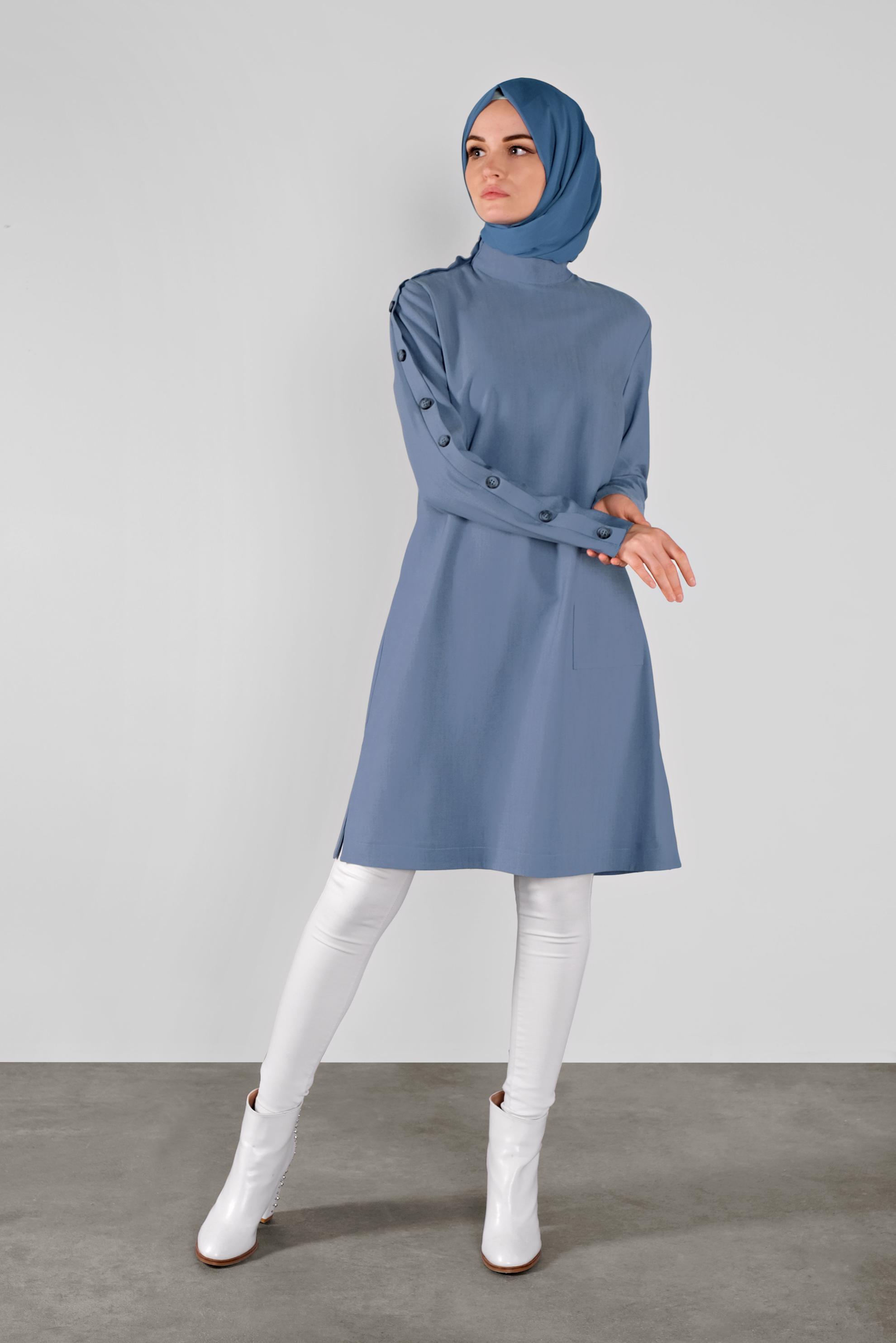 Tesettür giyim MAVİ DÜĞMELİ BOĞAZLI TUNİK 41188 