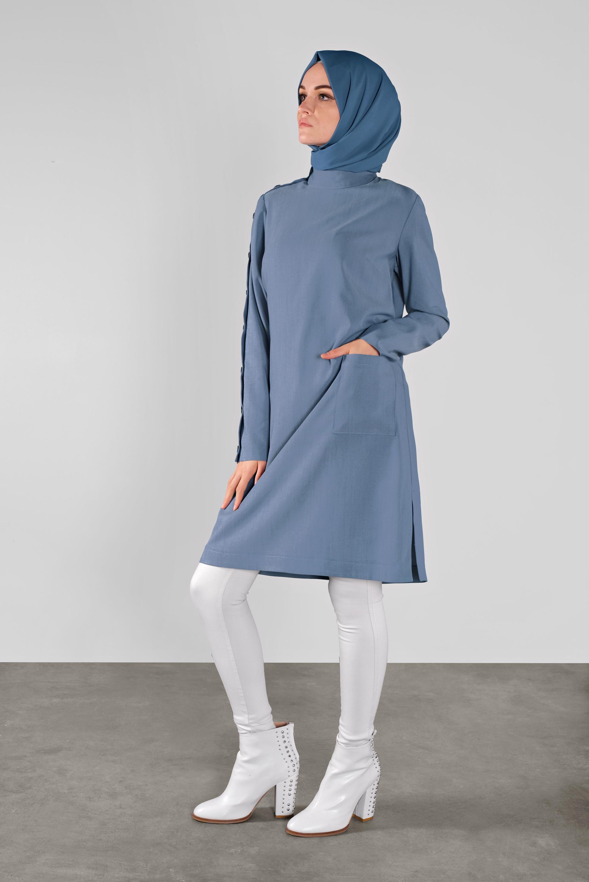 Tesettür giyim MAVİ DÜĞMELİ BOĞAZLI TUNİK 41188 