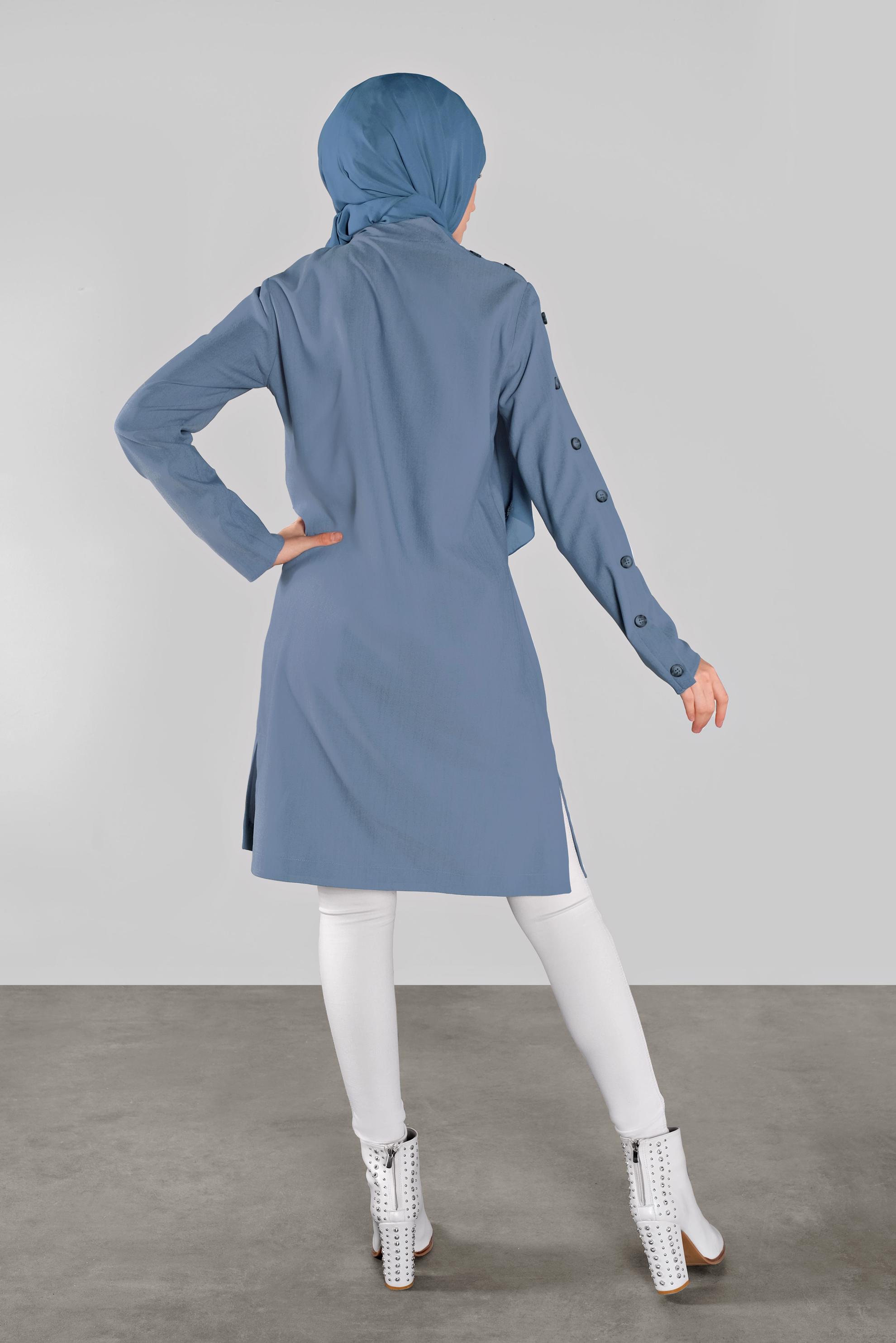 Tesettür giyim MAVİ DÜĞMELİ BOĞAZLI TUNİK 41188 