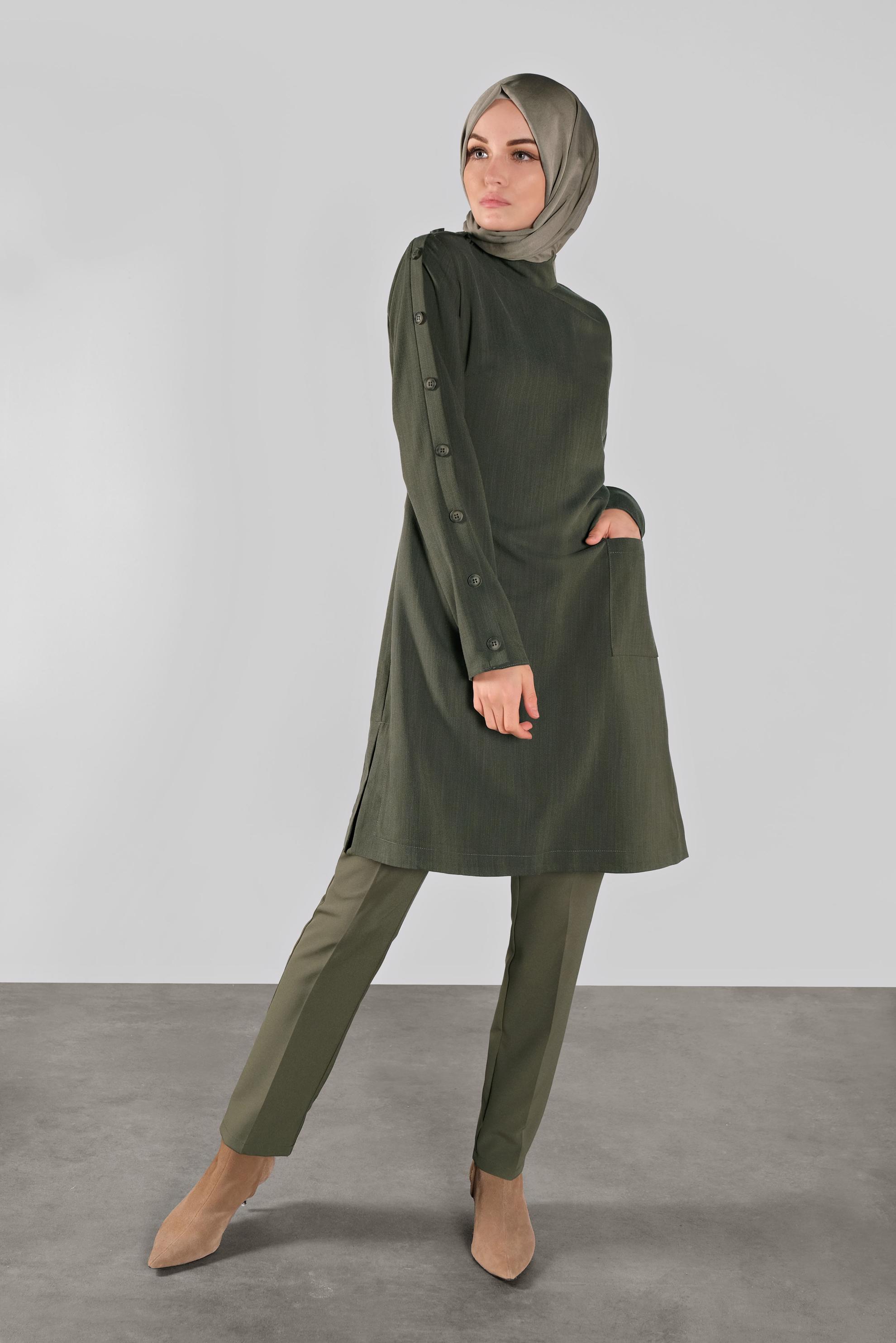 Tesettür giyim HAKİ DÜĞMELİ BOĞAZLI TUNİK 41188 