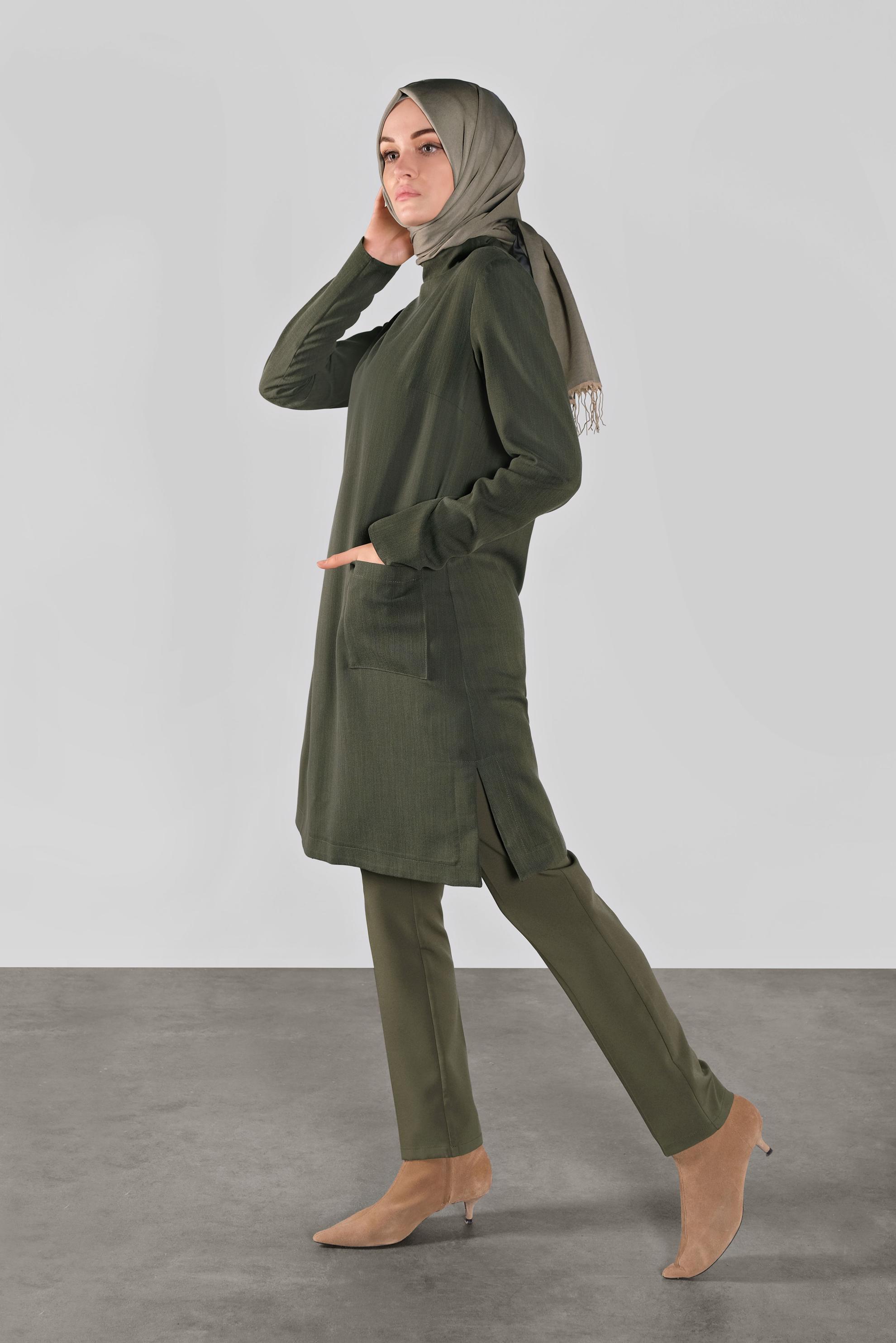 Tesettür giyim HAKİ DÜĞMELİ BOĞAZLI TUNİK 41188 