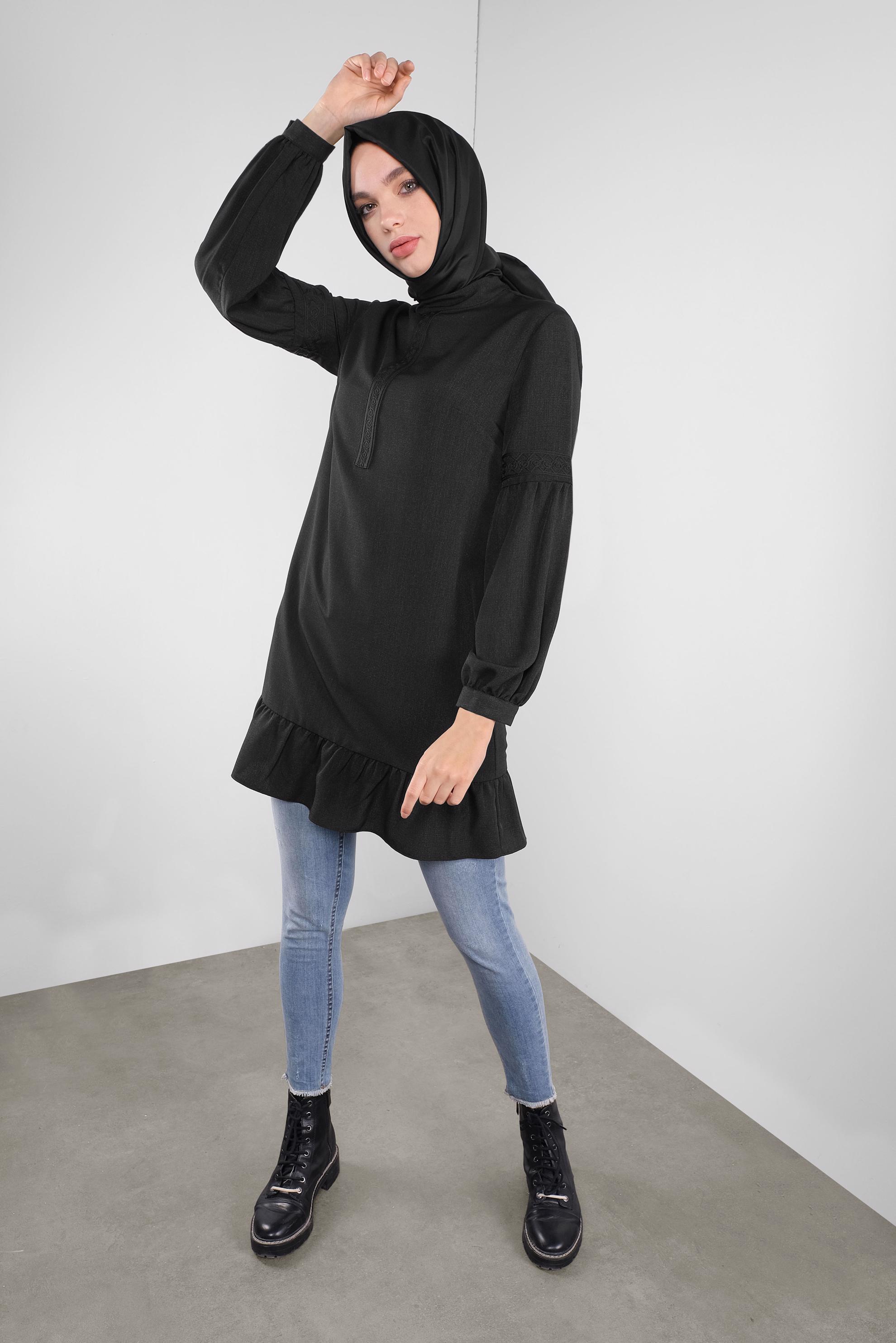 Tesettür giyim SİYAH ETEK UCU FIRFIRLI TUNİK 41189