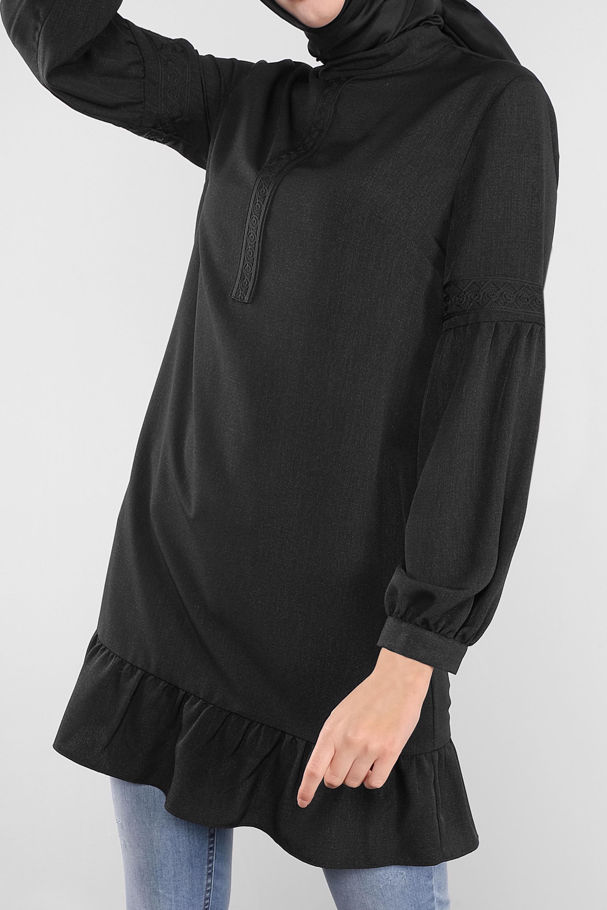 Tesettür giyim SİYAH ETEK UCU FIRFIRLI TUNİK 41189