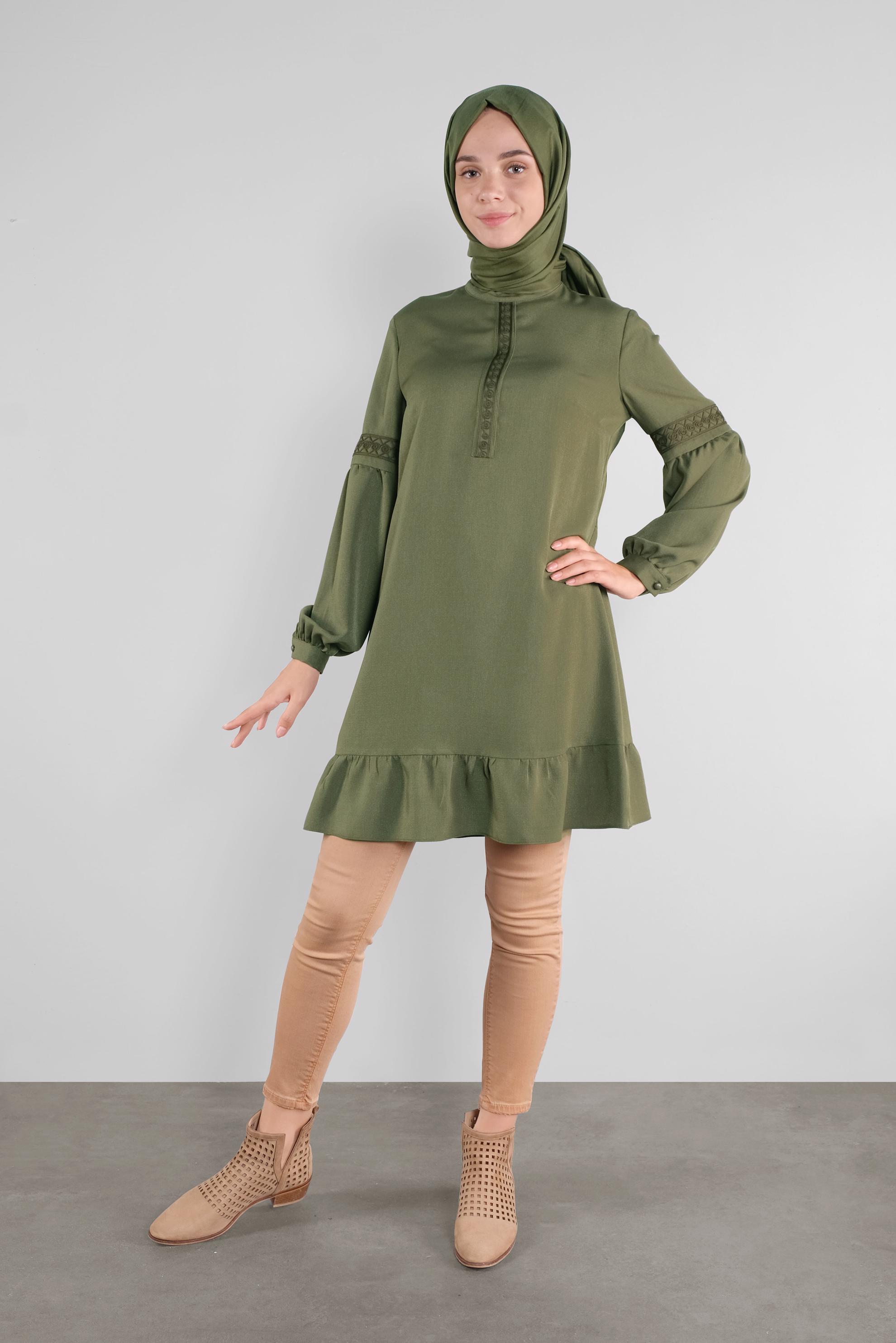 Tesettür giyim HAKİ ETEK UCU FIRFIRLI TUNİK 41189