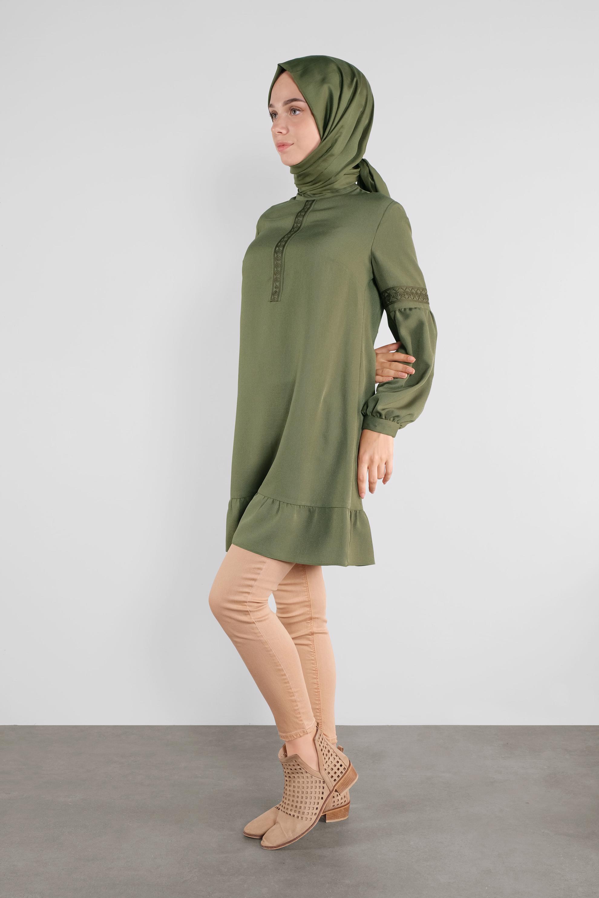 Tesettür giyim HAKİ ETEK UCU FIRFIRLI TUNİK 41189