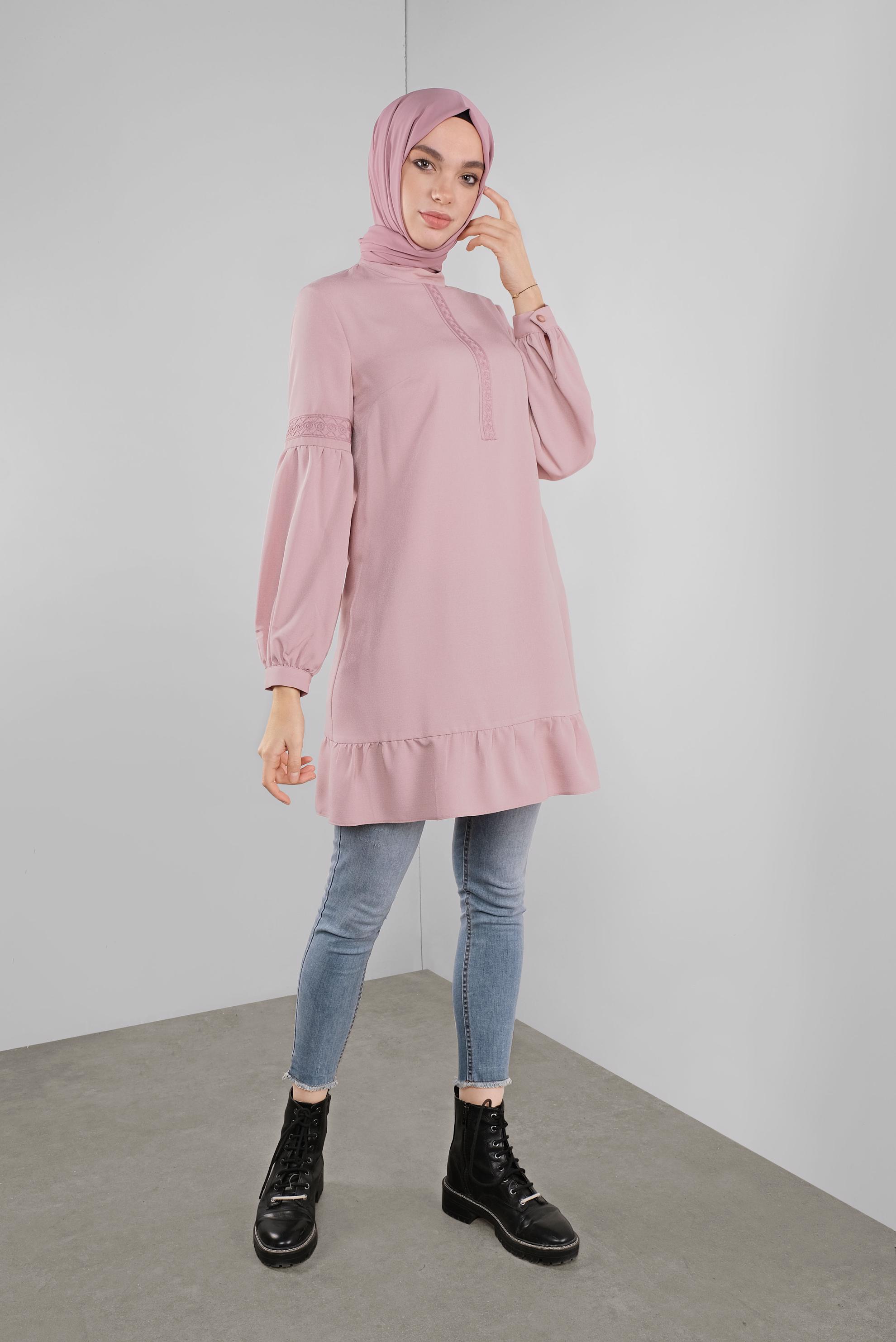 Tesettür giyim PUDRA ETEK UCU FIRFIRLI TUNİK 41189