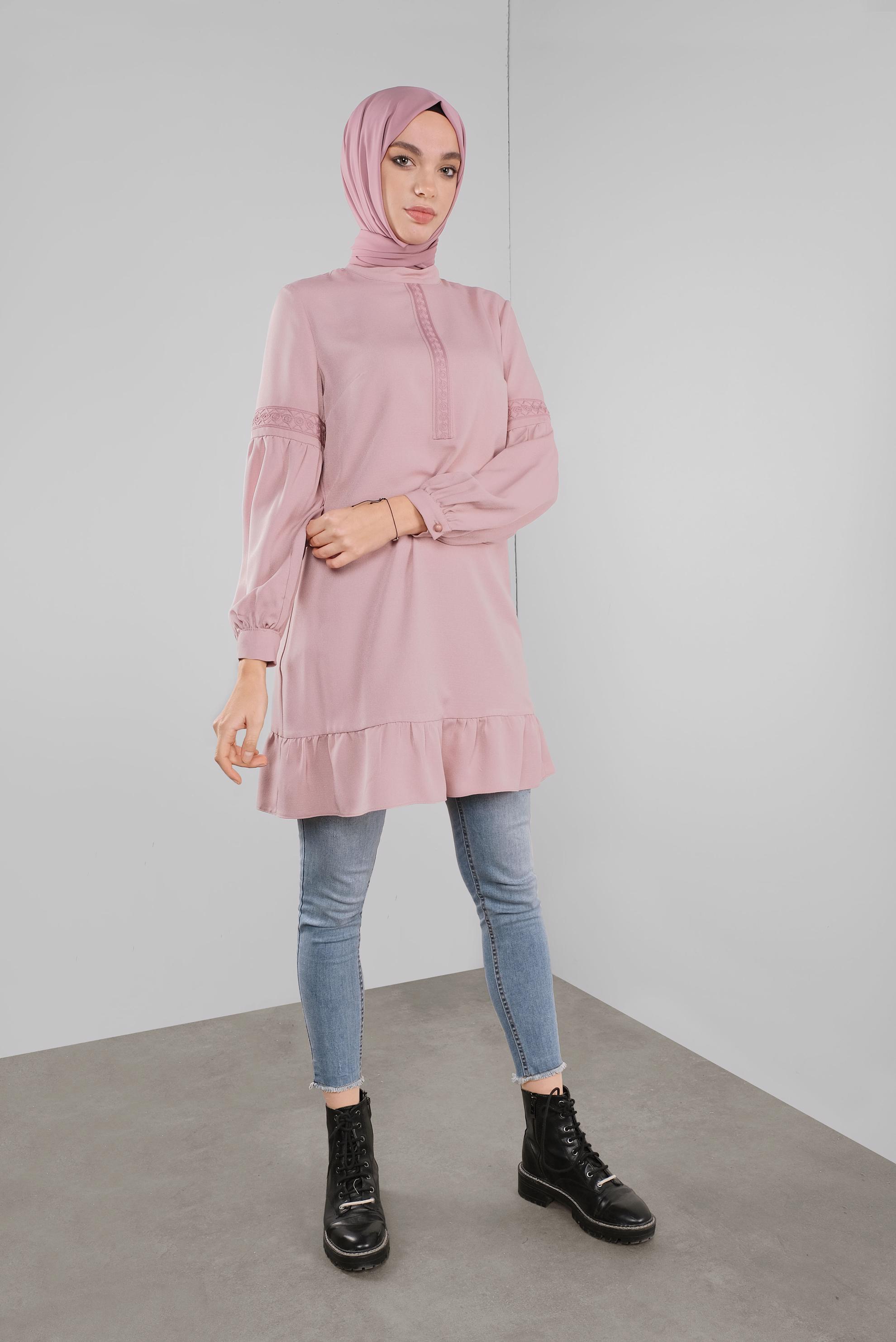 Tesettür giyim PUDRA ETEK UCU FIRFIRLI TUNİK 41189