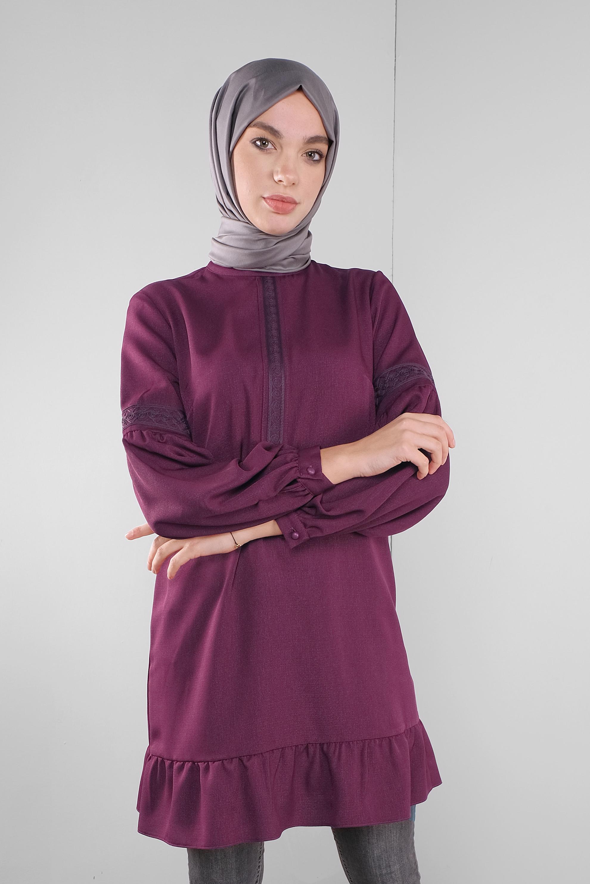 Tesettür giyim MOR ETEK UCU FIRFIRLI TUNİK 41189