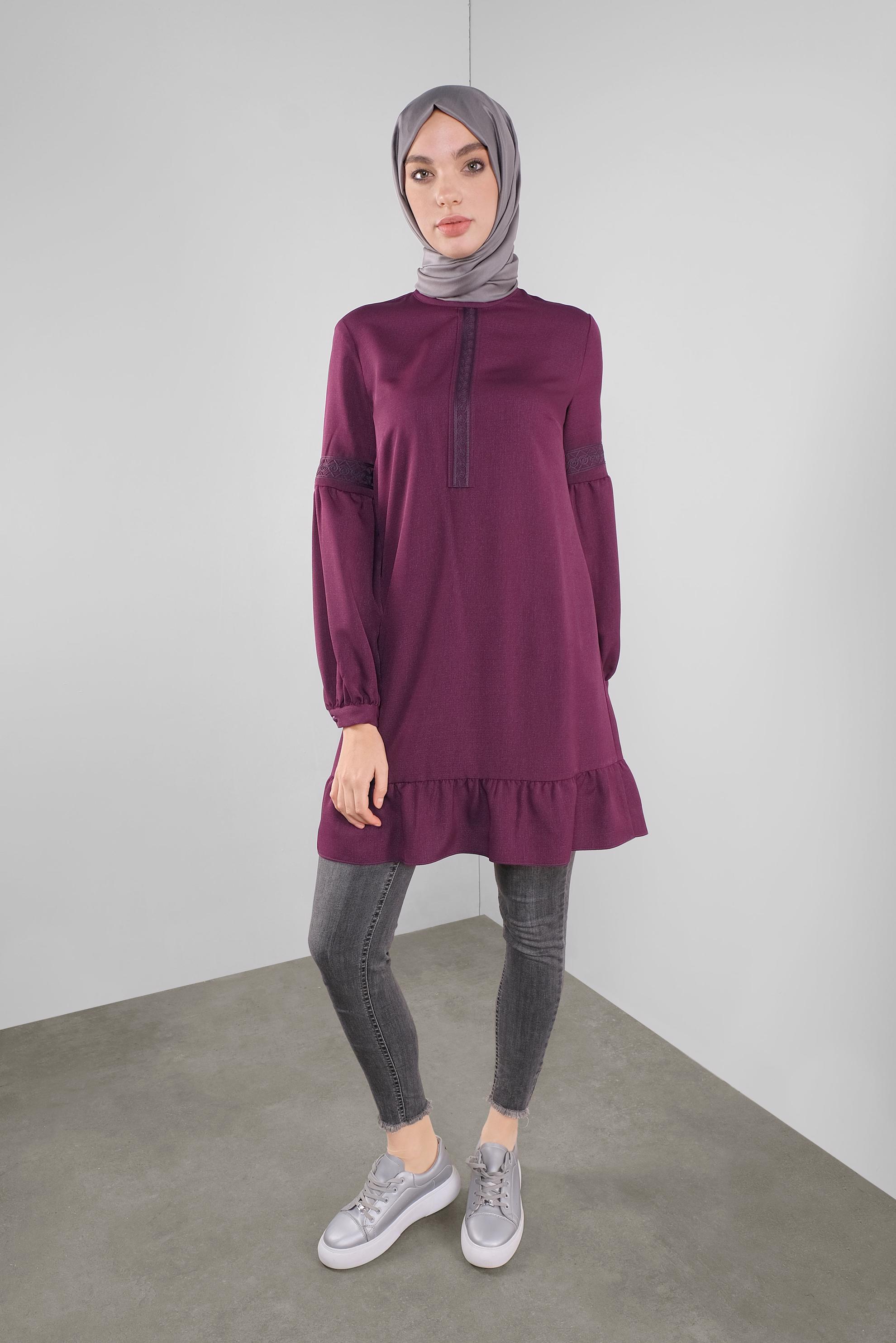 Tesettür giyim MOR ETEK UCU FIRFIRLI TUNİK 41189