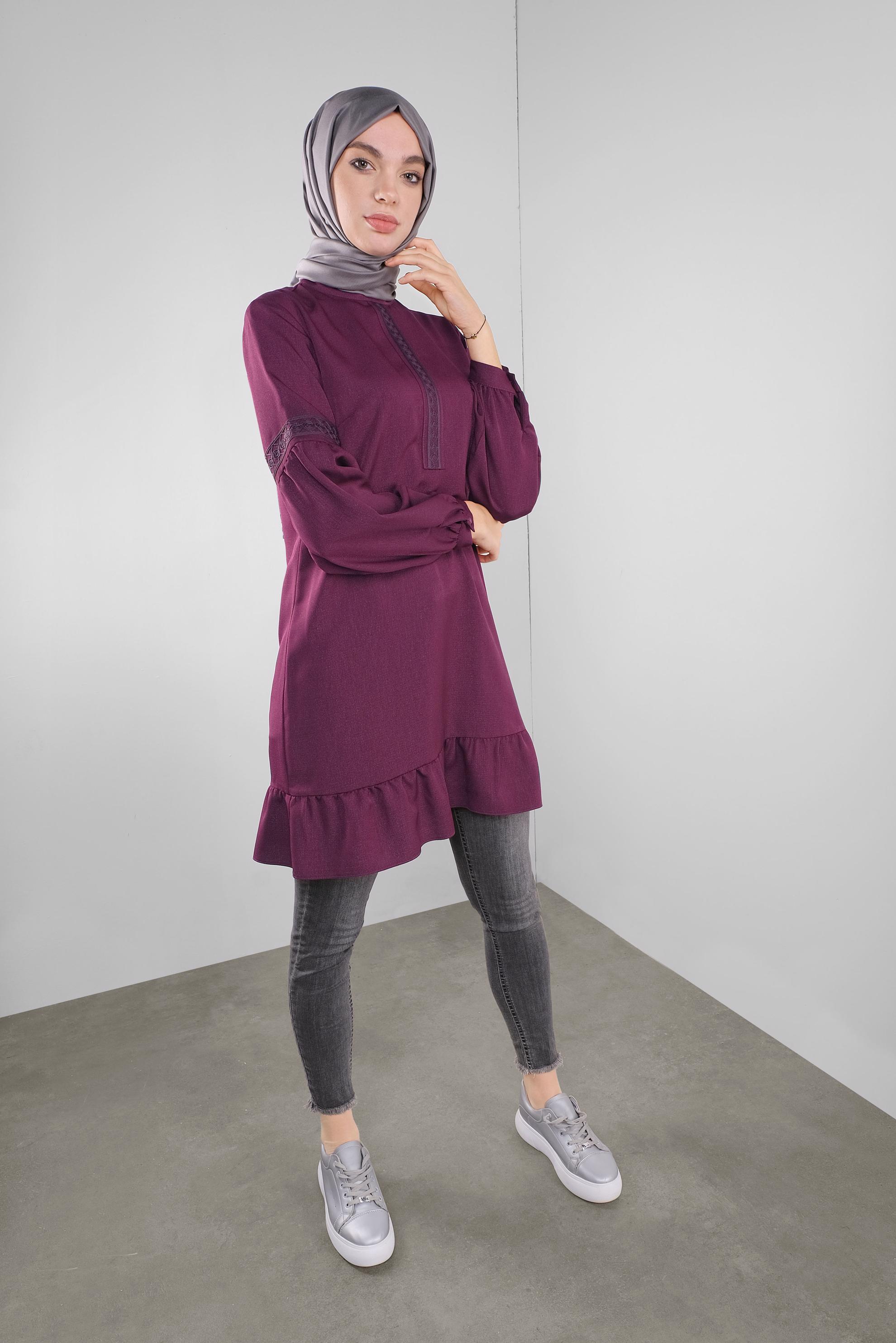 Tesettür giyim MOR ETEK UCU FIRFIRLI TUNİK 41189
