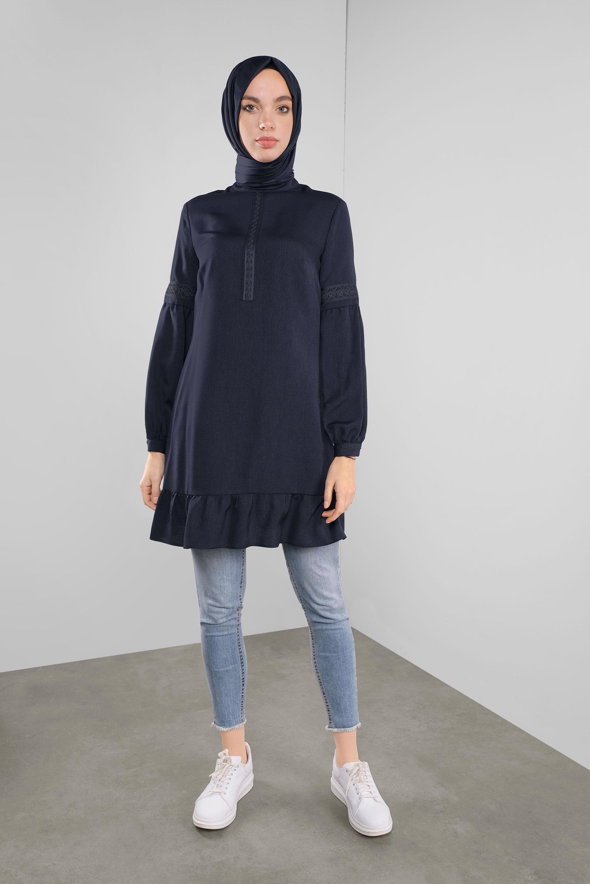Tesettür giyim LACİVERT ETEK UCU FIRFIRLI TUNİK 41189