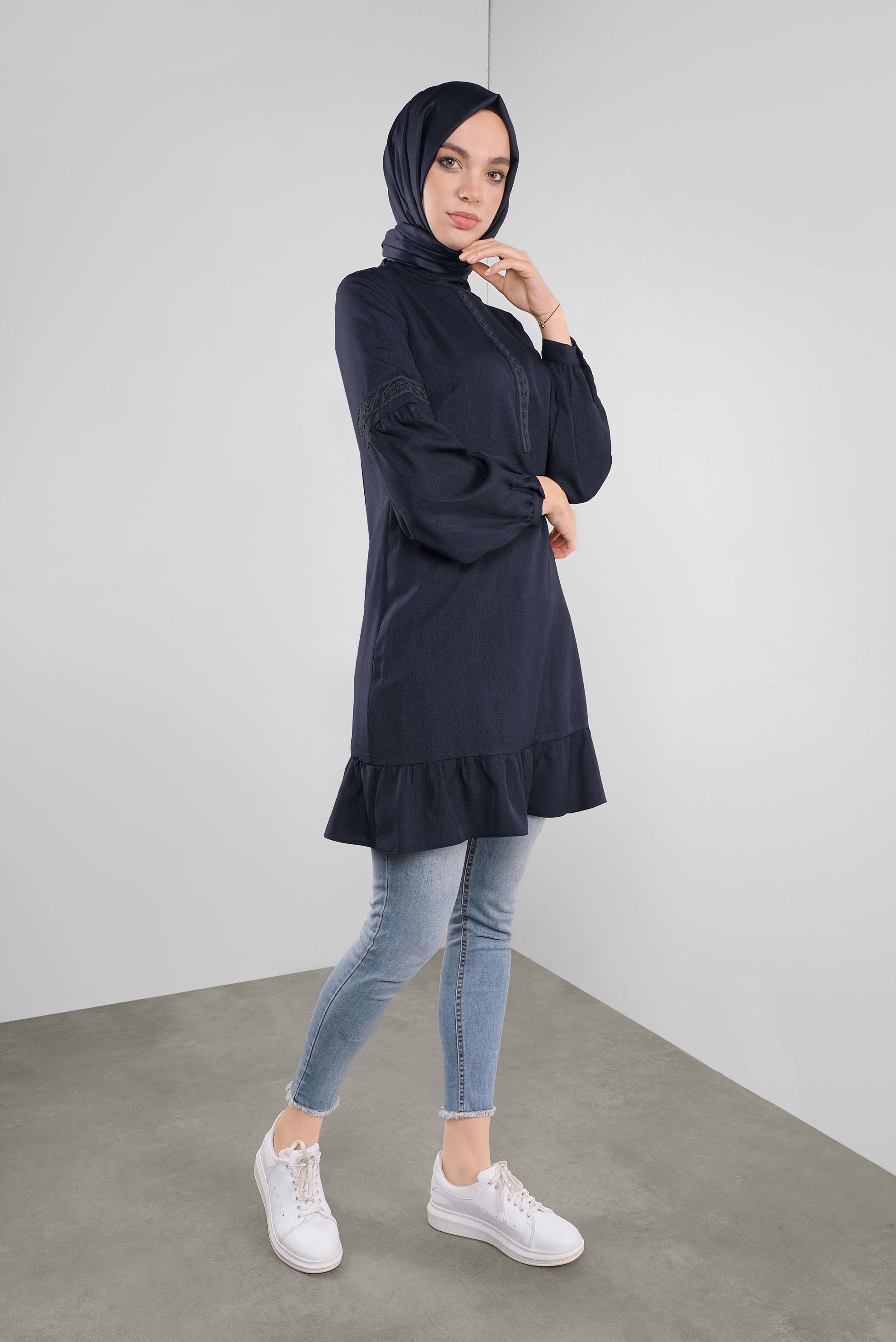 Tesettür giyim LACİVERT ETEK UCU FIRFIRLI TUNİK 41189