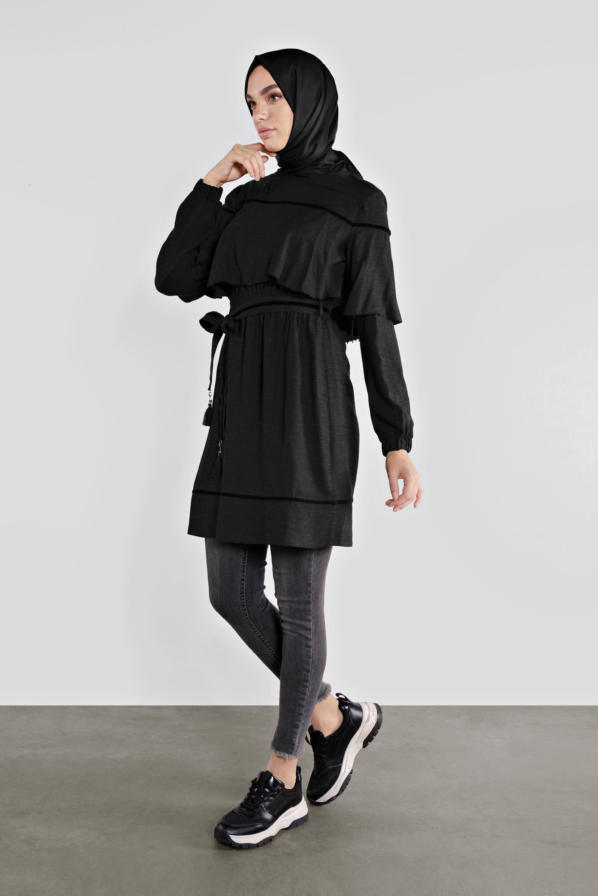 Tesettür giyim SİYAH KUŞAKLI PÜSKÜLLÜ TUNİK 41190 