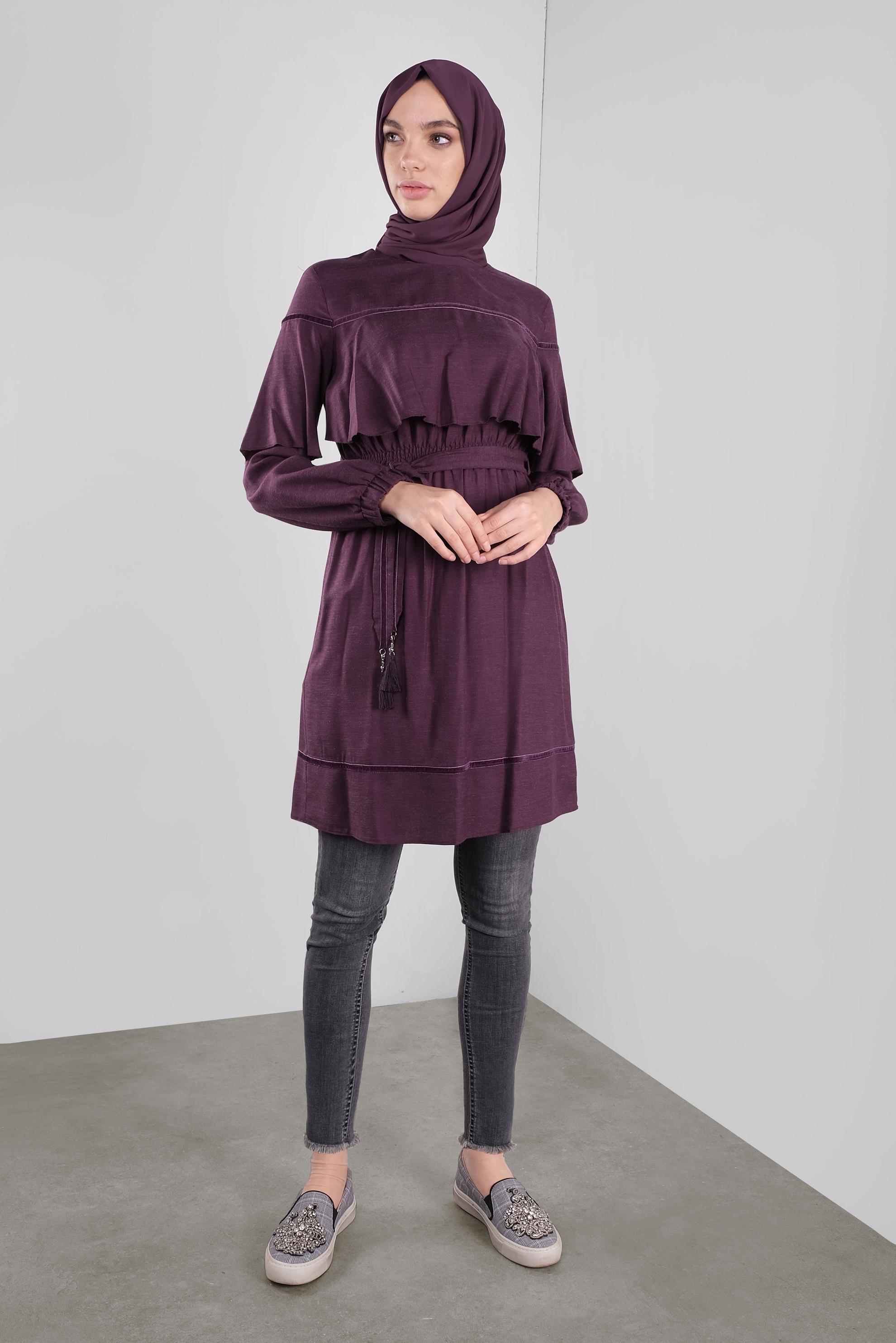 Tesettür giyim MOR KUŞAKLI PÜSKÜLLÜ TUNİK 41190 