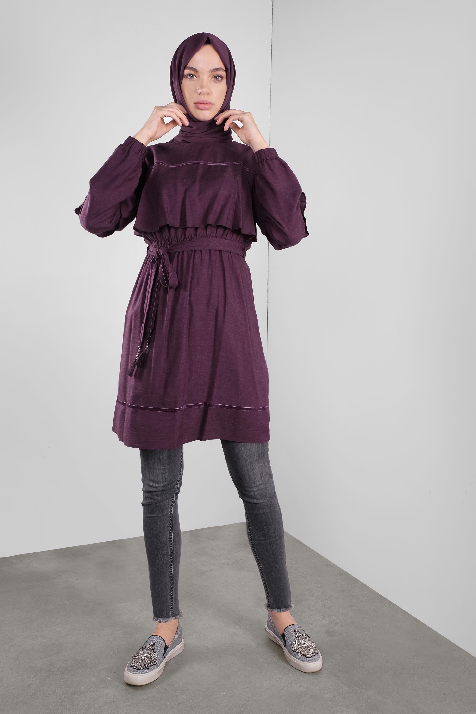 Tesettür giyim MOR KUŞAKLI PÜSKÜLLÜ TUNİK 41190 