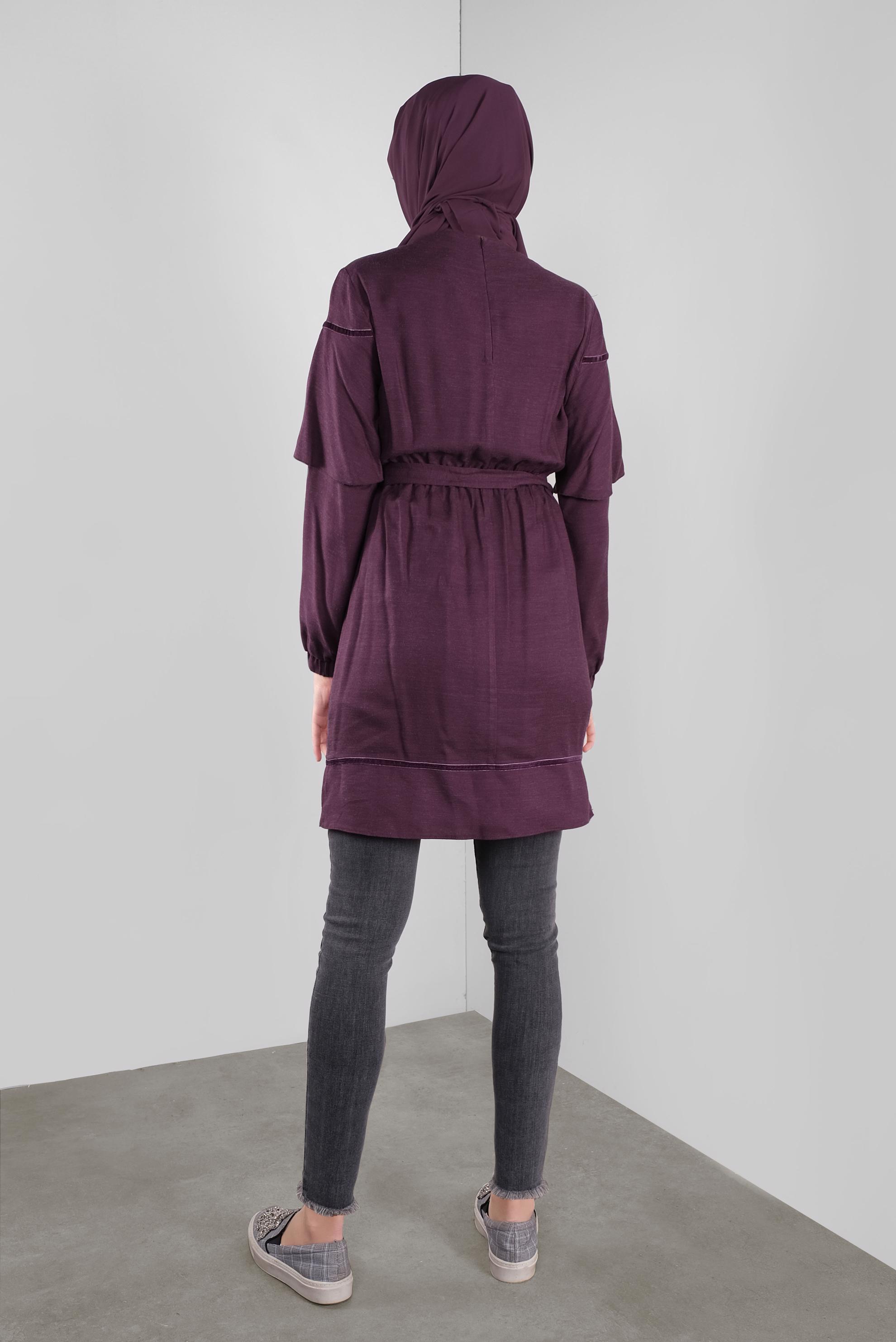 Tesettür giyim MOR KUŞAKLI PÜSKÜLLÜ TUNİK 41190 