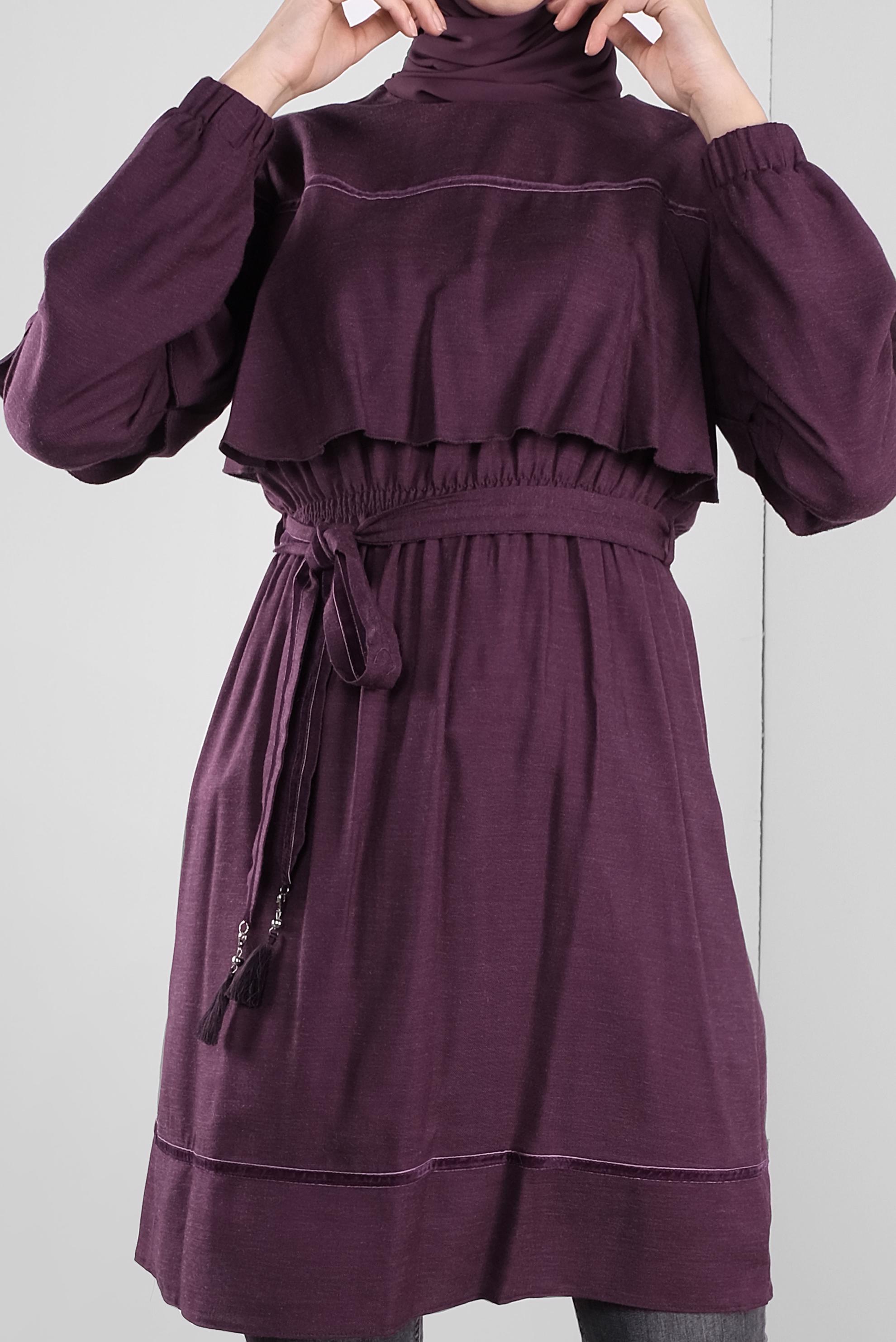 Tesettür giyim MOR KUŞAKLI PÜSKÜLLÜ TUNİK 41190 