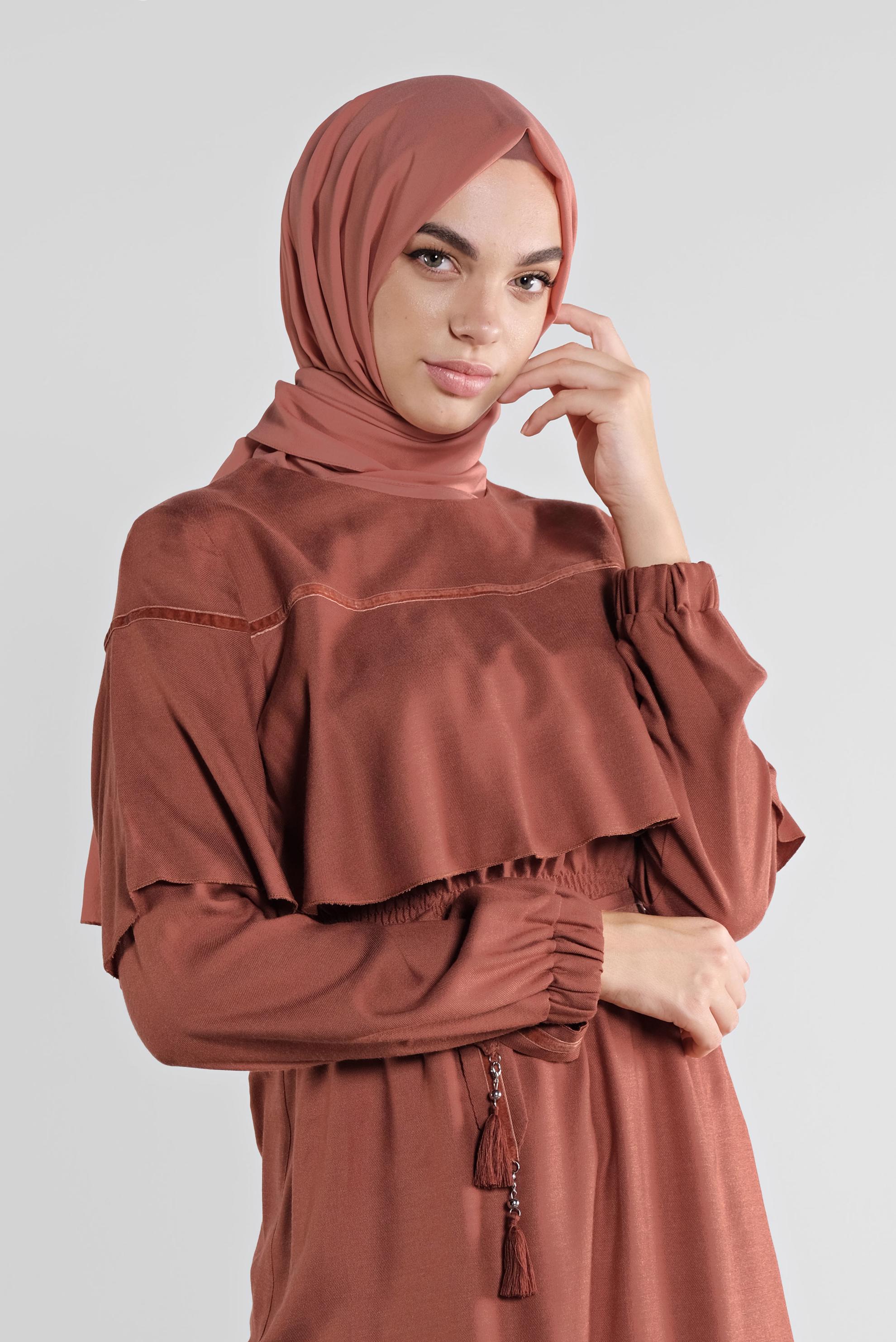 Tesettür giyim TURUNCU KUŞAKLI PÜSKÜLLÜ TUNİK 41190 