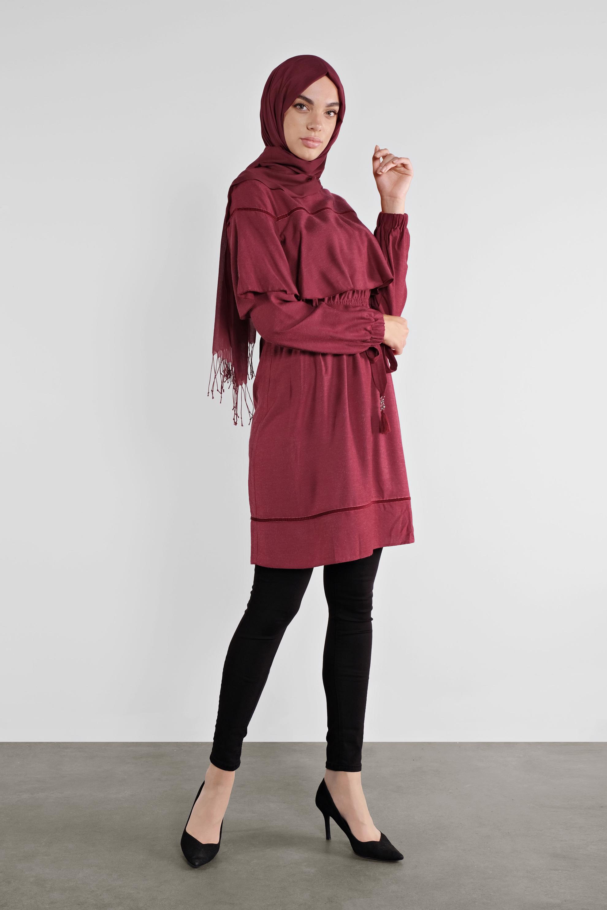 Tesettür giyim KIRMIZI KUŞAKLI PÜSKÜLLÜ TUNİK 41190 