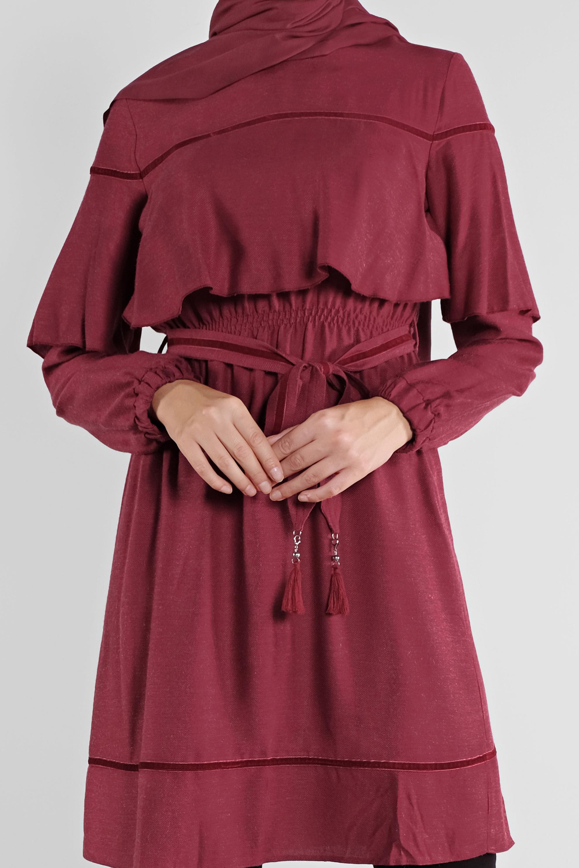 Tesettür giyim KIRMIZI KUŞAKLI PÜSKÜLLÜ TUNİK 41190 