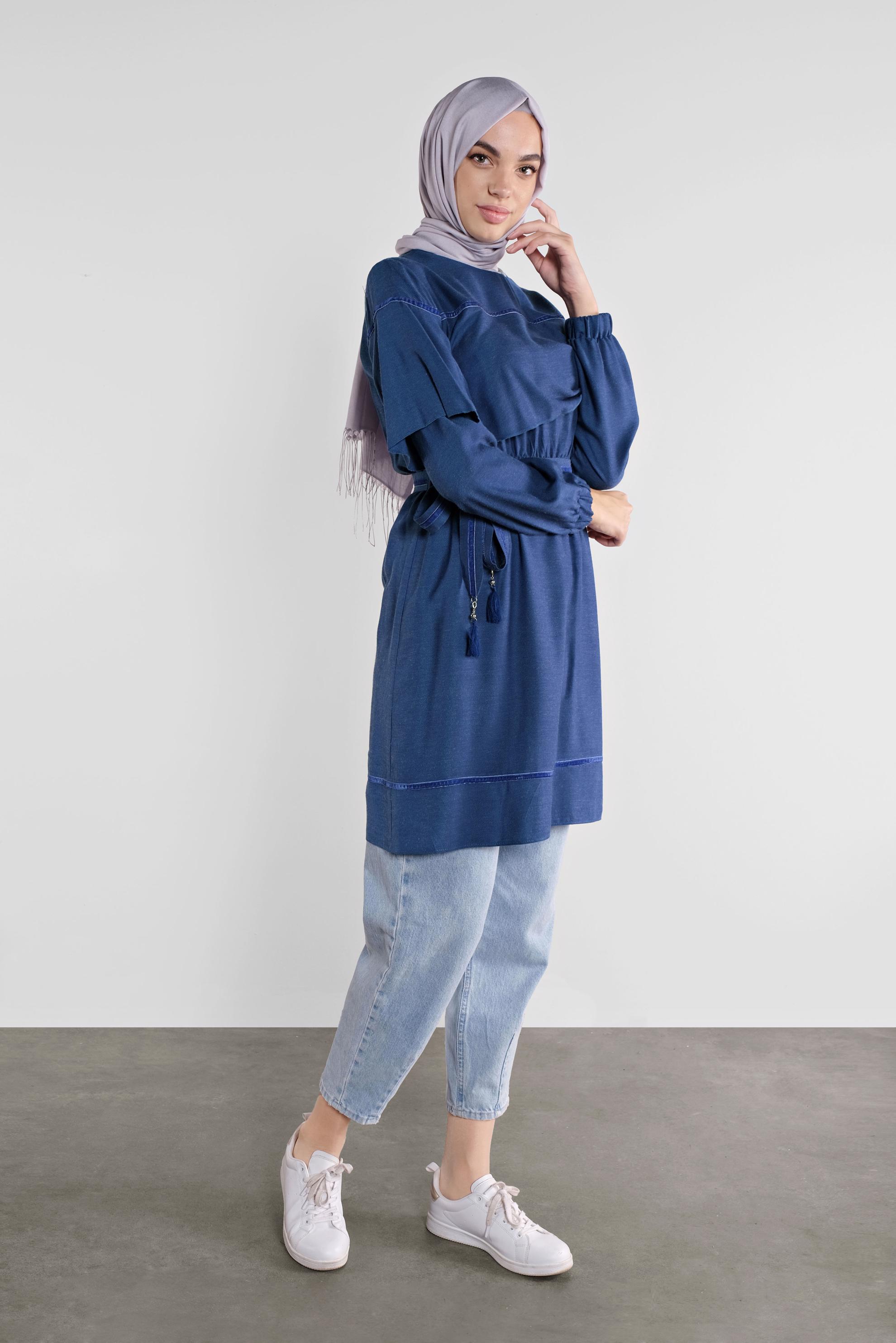 Tesettür giyim LACİVERT KUŞAKLI PÜSKÜLLÜ TUNİK 41190 