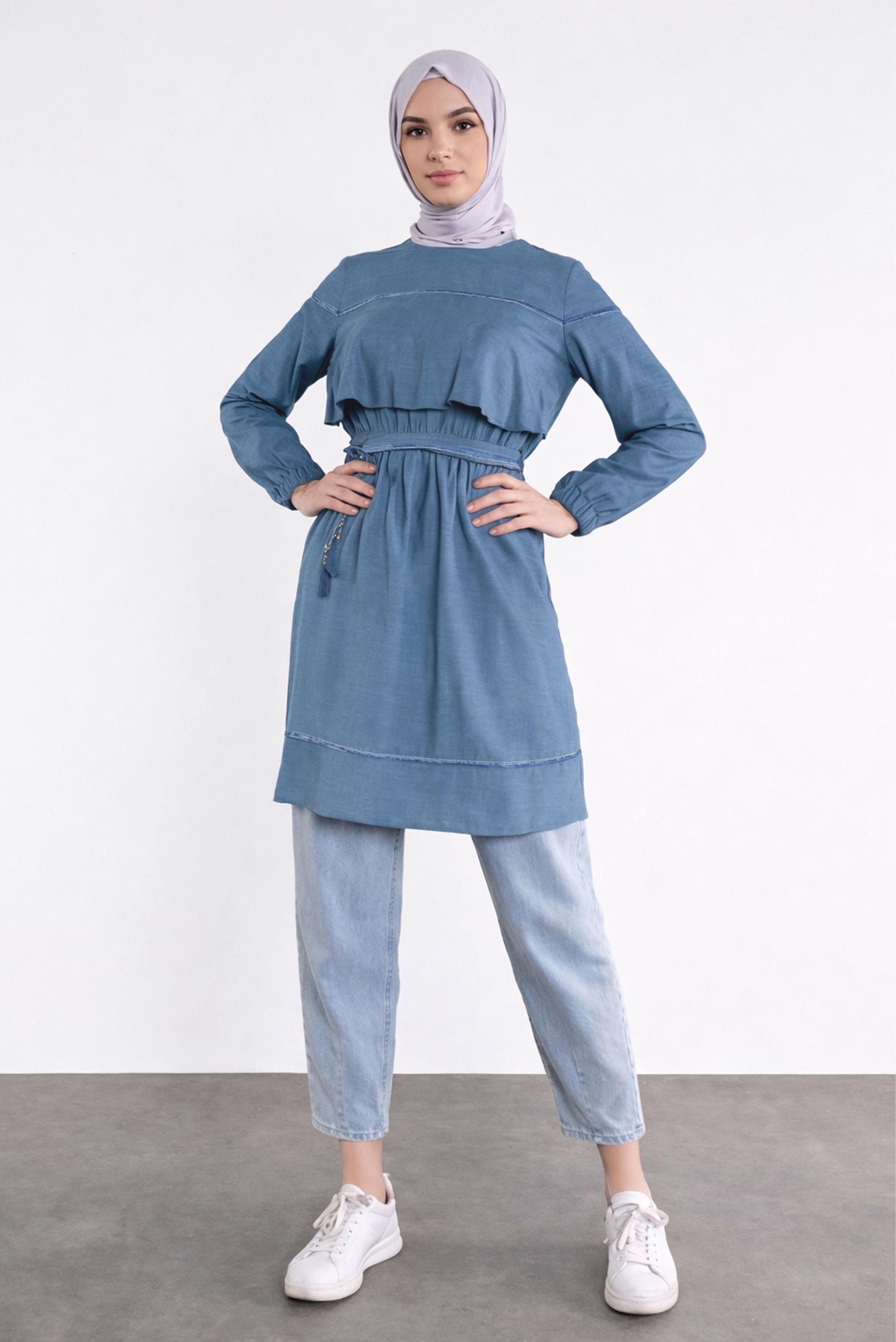 Tesettür giyim MAVİ KUŞAKLI PÜSKÜLLÜ TUNİK 41190 