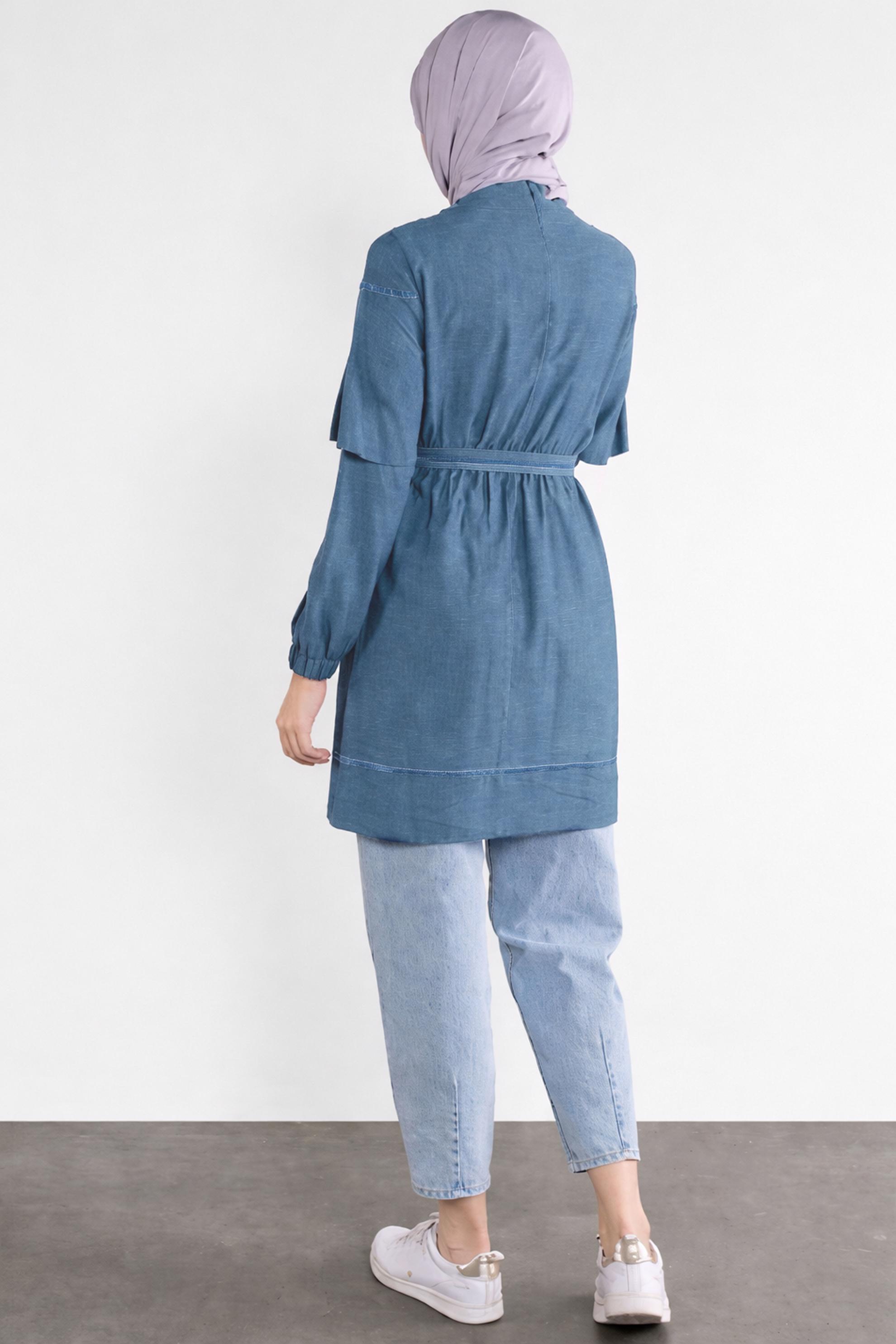 Tesettür giyim MAVİ KUŞAKLI PÜSKÜLLÜ TUNİK 41190 