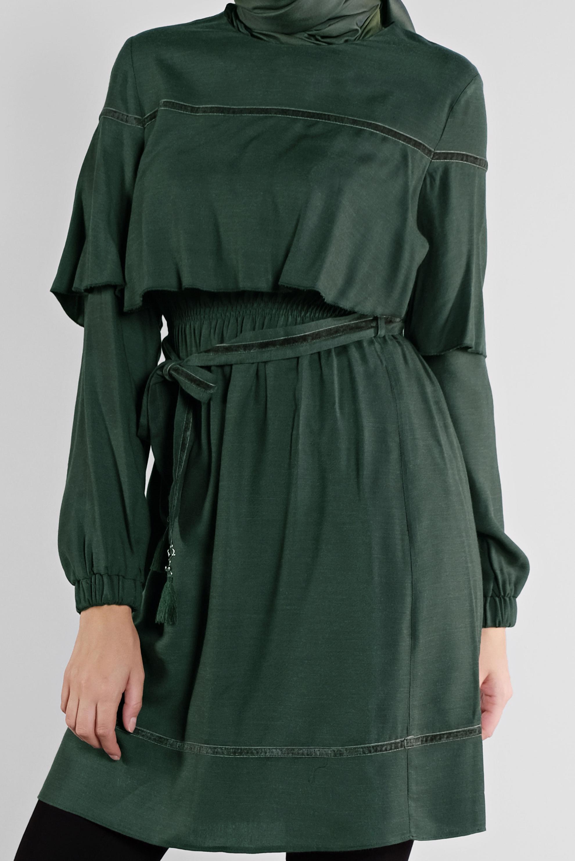 Tesettür giyim YEŞİL KUŞAKLI PÜSKÜLLÜ TUNİK 41190 