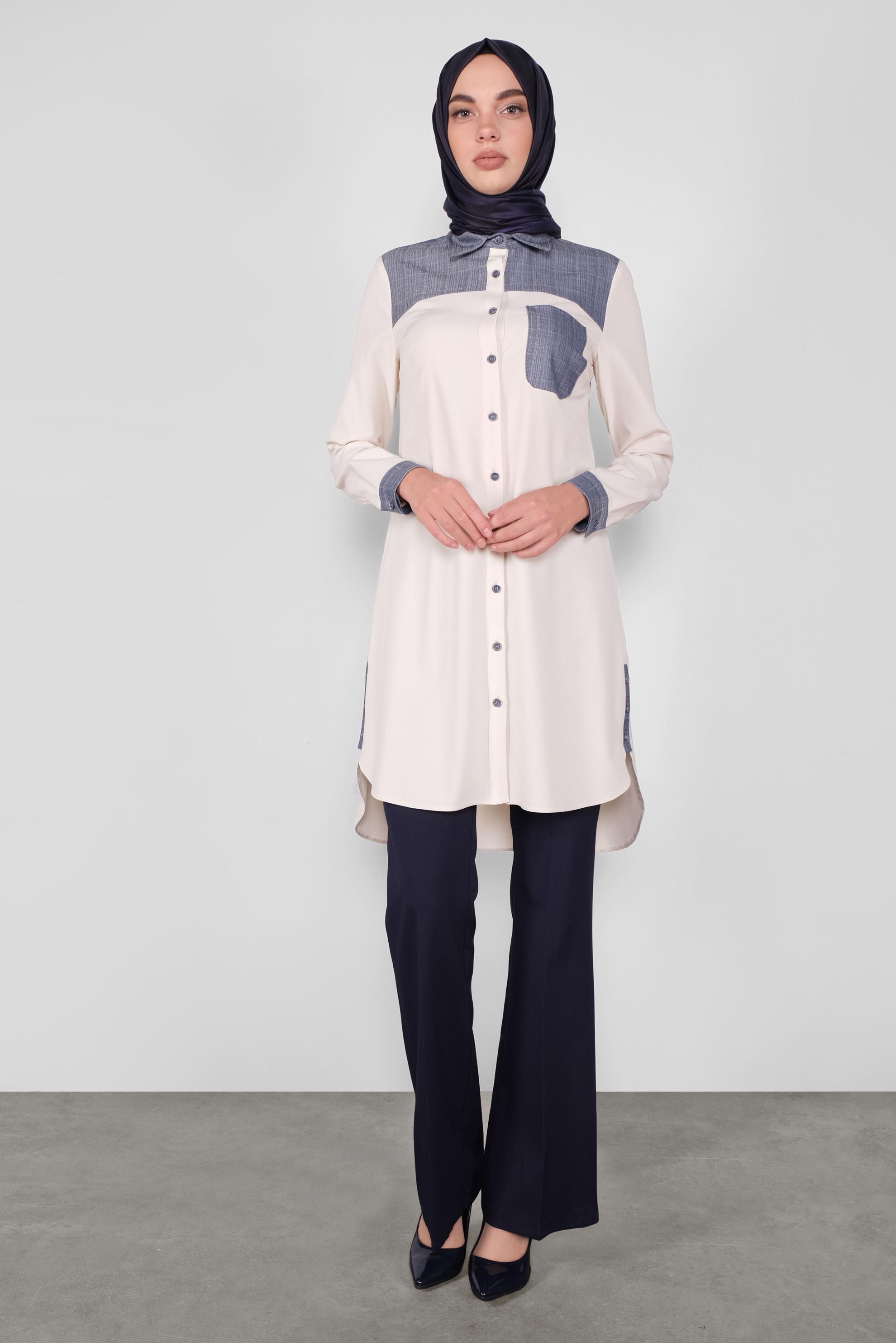 Tesettür giyim BEJ DÜĞMELİ KUMAŞ MİX TUNİK 41191 