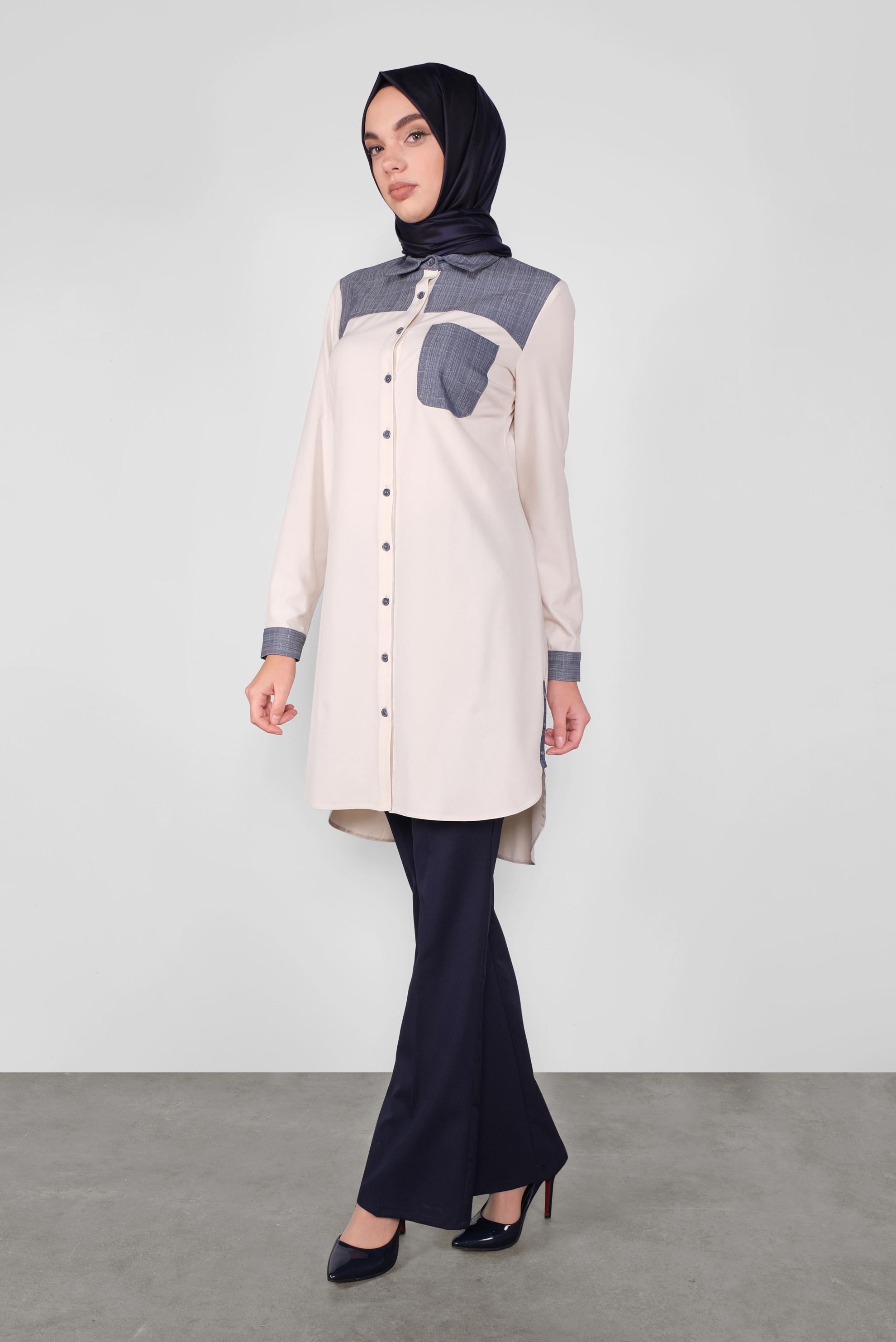 Tesettür giyim BEJ DÜĞMELİ KUMAŞ MİX TUNİK 41191 