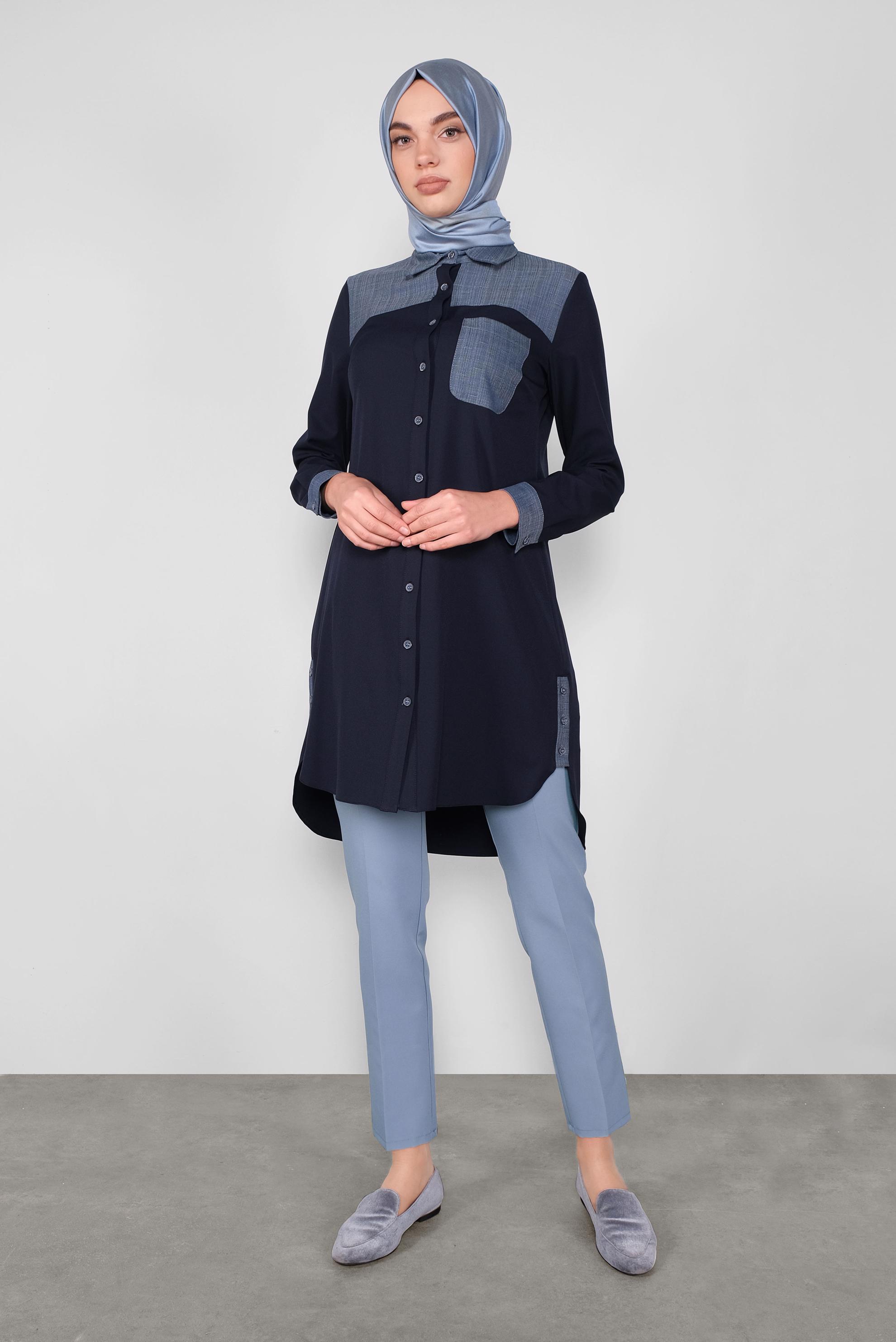 Tesettür giyim LACİVERT DÜĞMELİ KUMAŞ MİX TUNİK 41191 