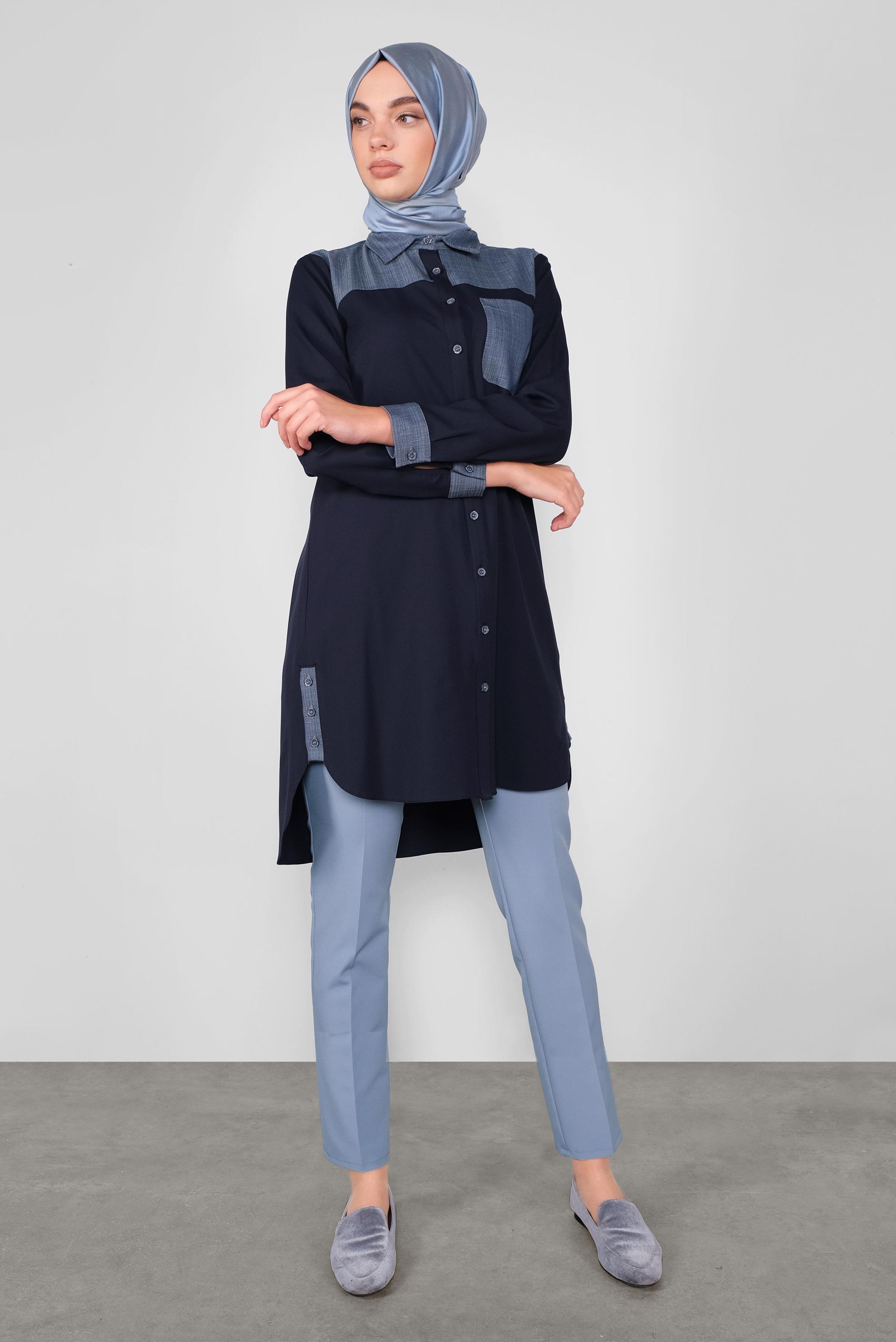 Tesettür giyim LACİVERT DÜĞMELİ KUMAŞ MİX TUNİK 41191 