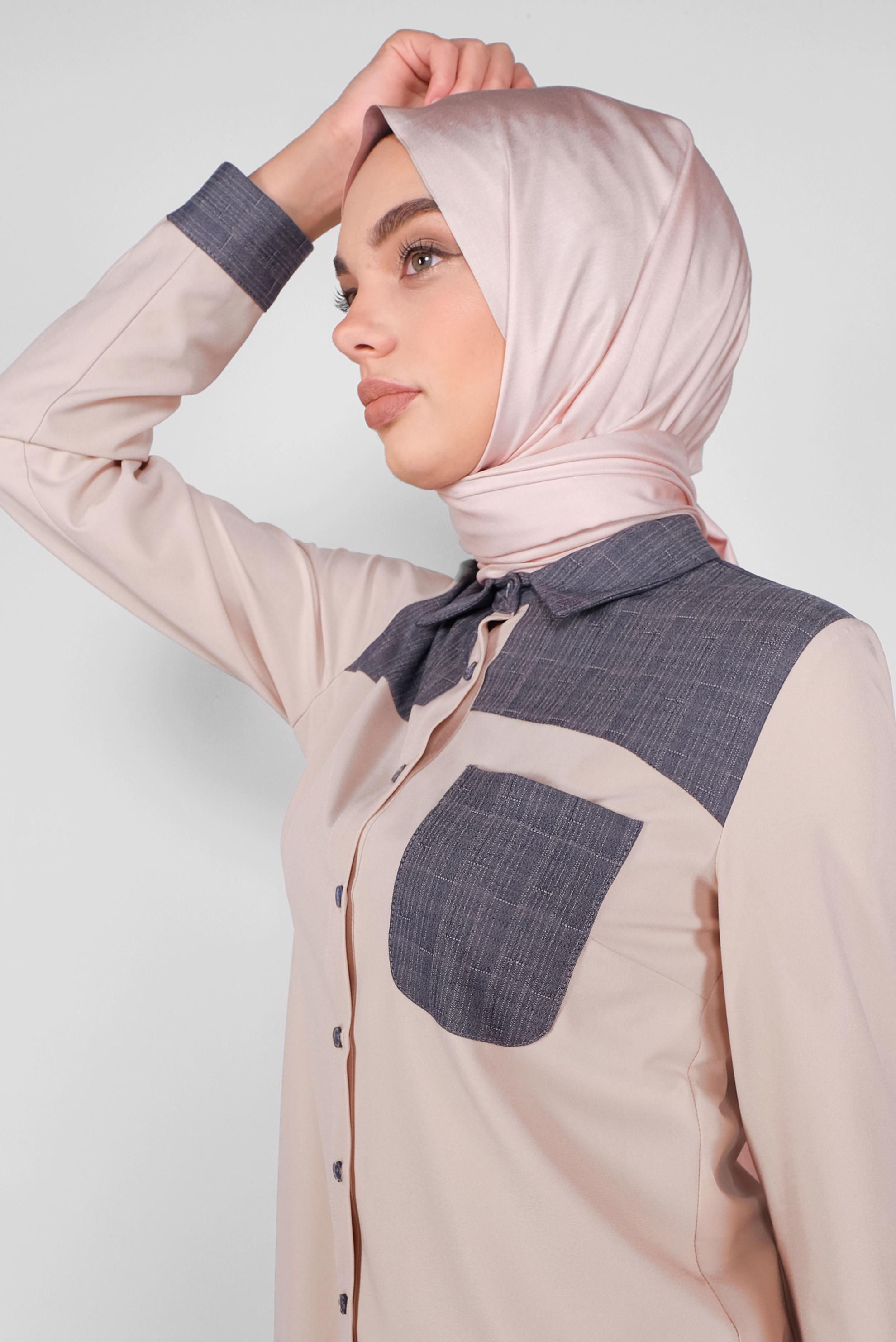 Tesettür giyim EKRU DÜĞMELİ KUMAŞ MİX TUNİK 41191 