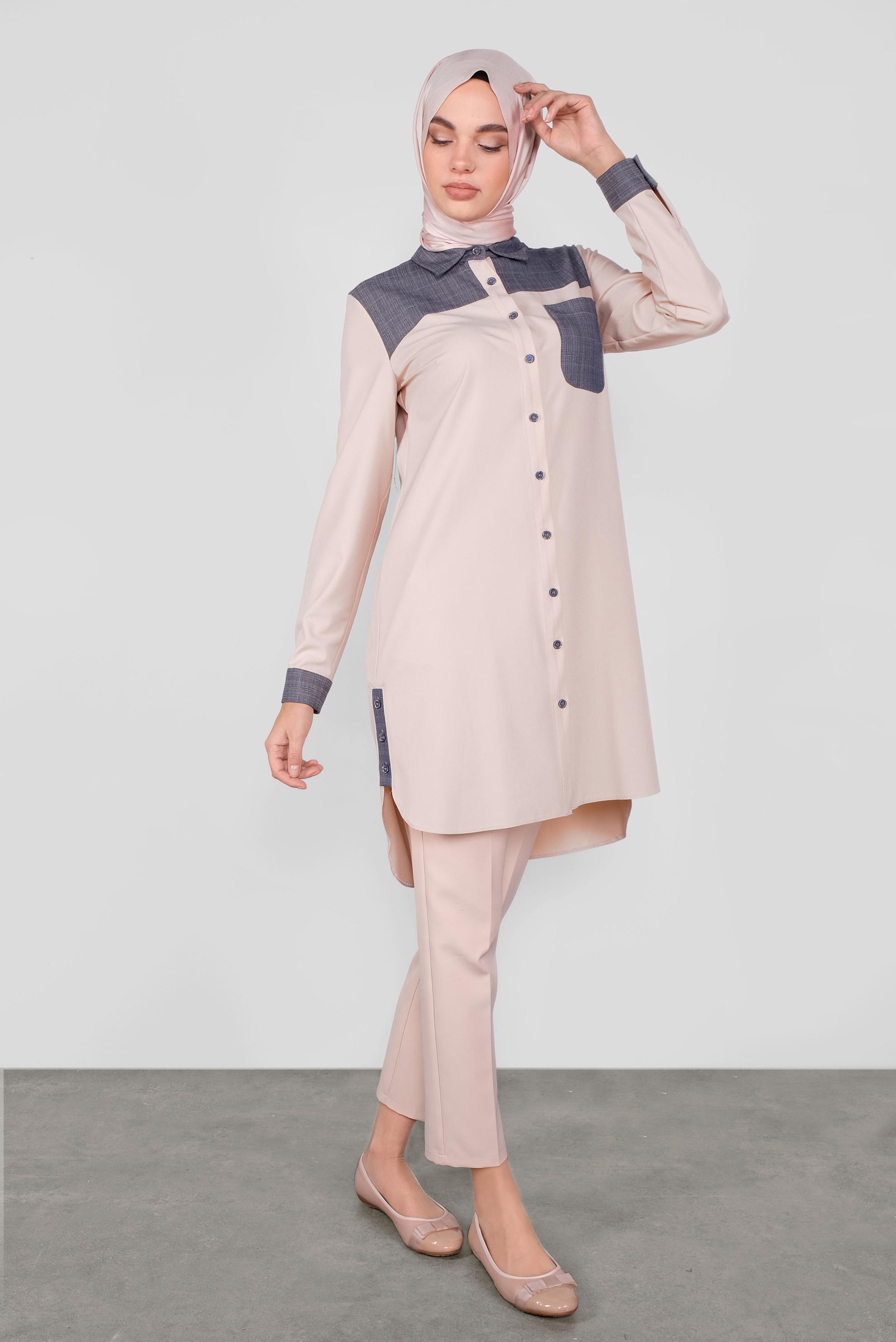 Tesettür giyim EKRU DÜĞMELİ KUMAŞ MİX TUNİK 41191 