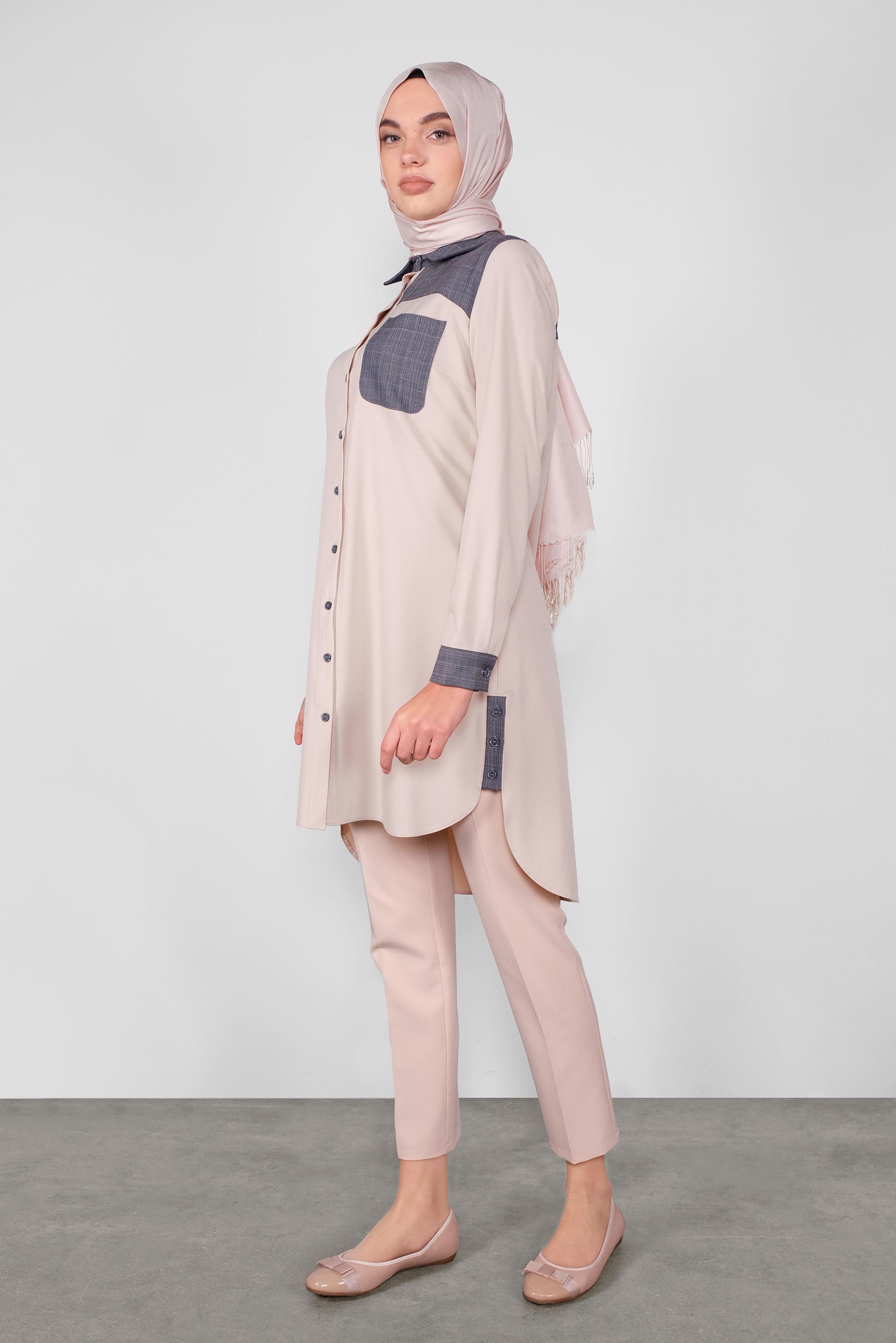 Tesettür giyim EKRU DÜĞMELİ KUMAŞ MİX TUNİK 41191 