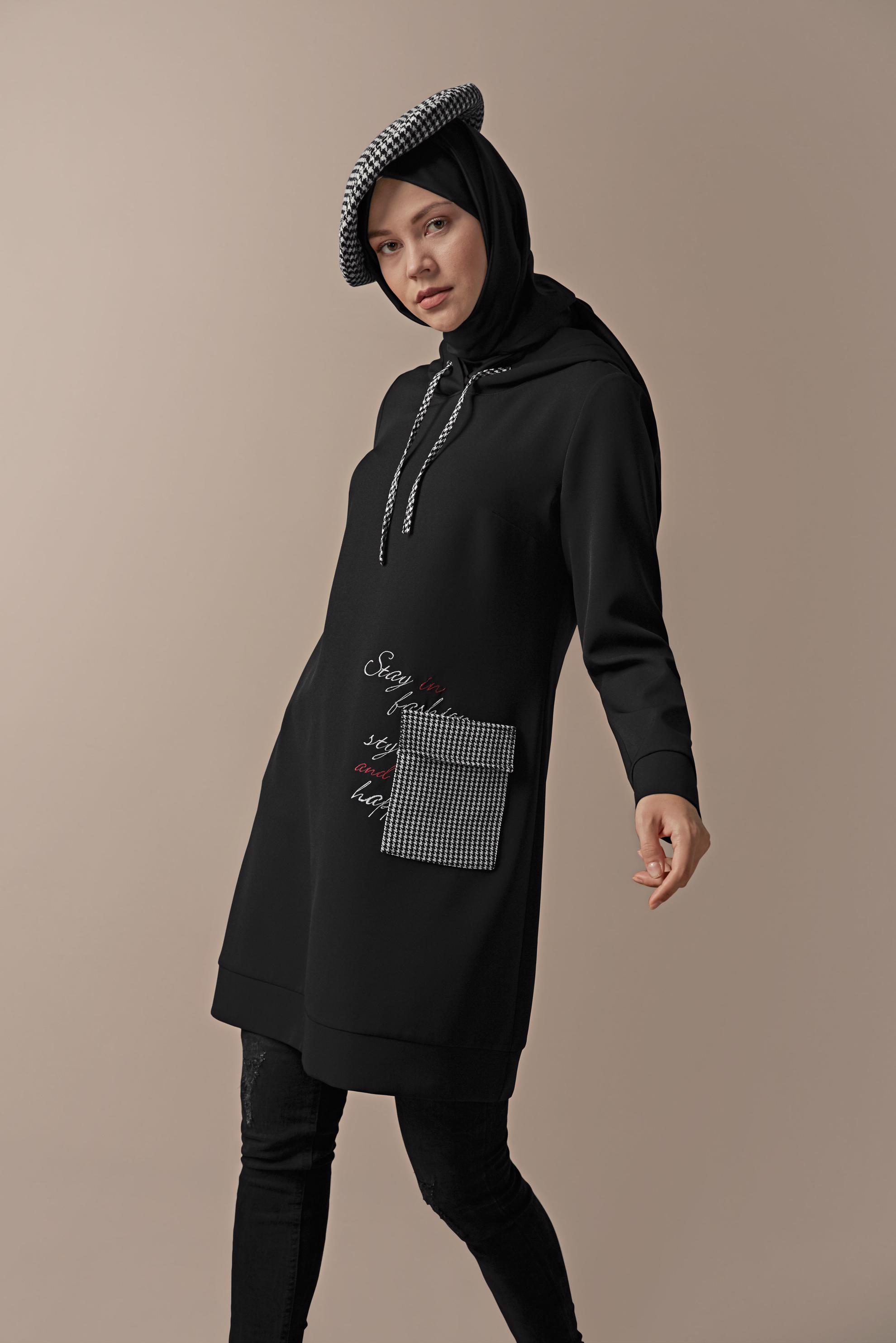 Tesettür giyim SİYAH CEPLİ KAPÜŞONLU TUNİK 41192 