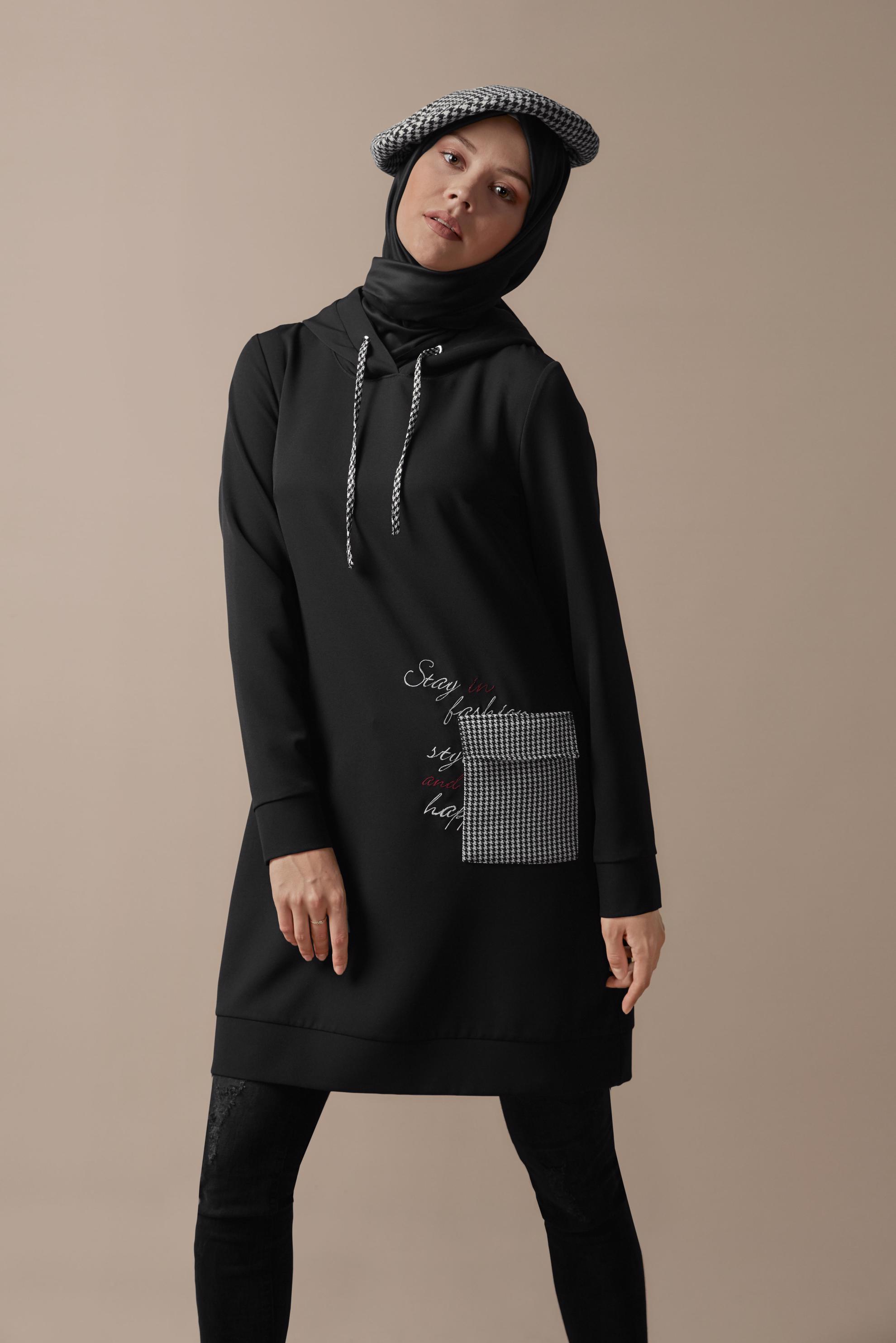 Tesettür giyim SİYAH CEPLİ KAPÜŞONLU TUNİK 41192 
