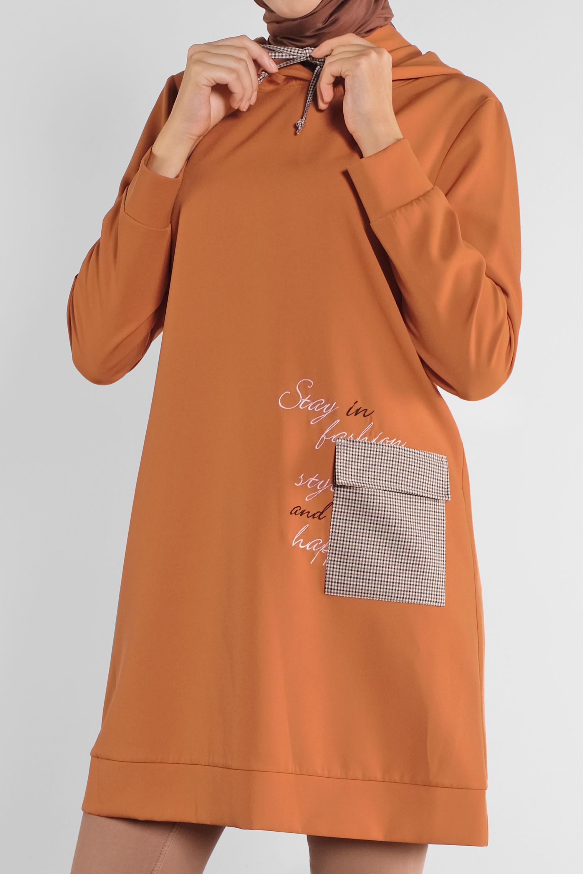 Tesettür giyim TURUNCU CEPLİ KAPÜŞONLU TUNİK 41192 