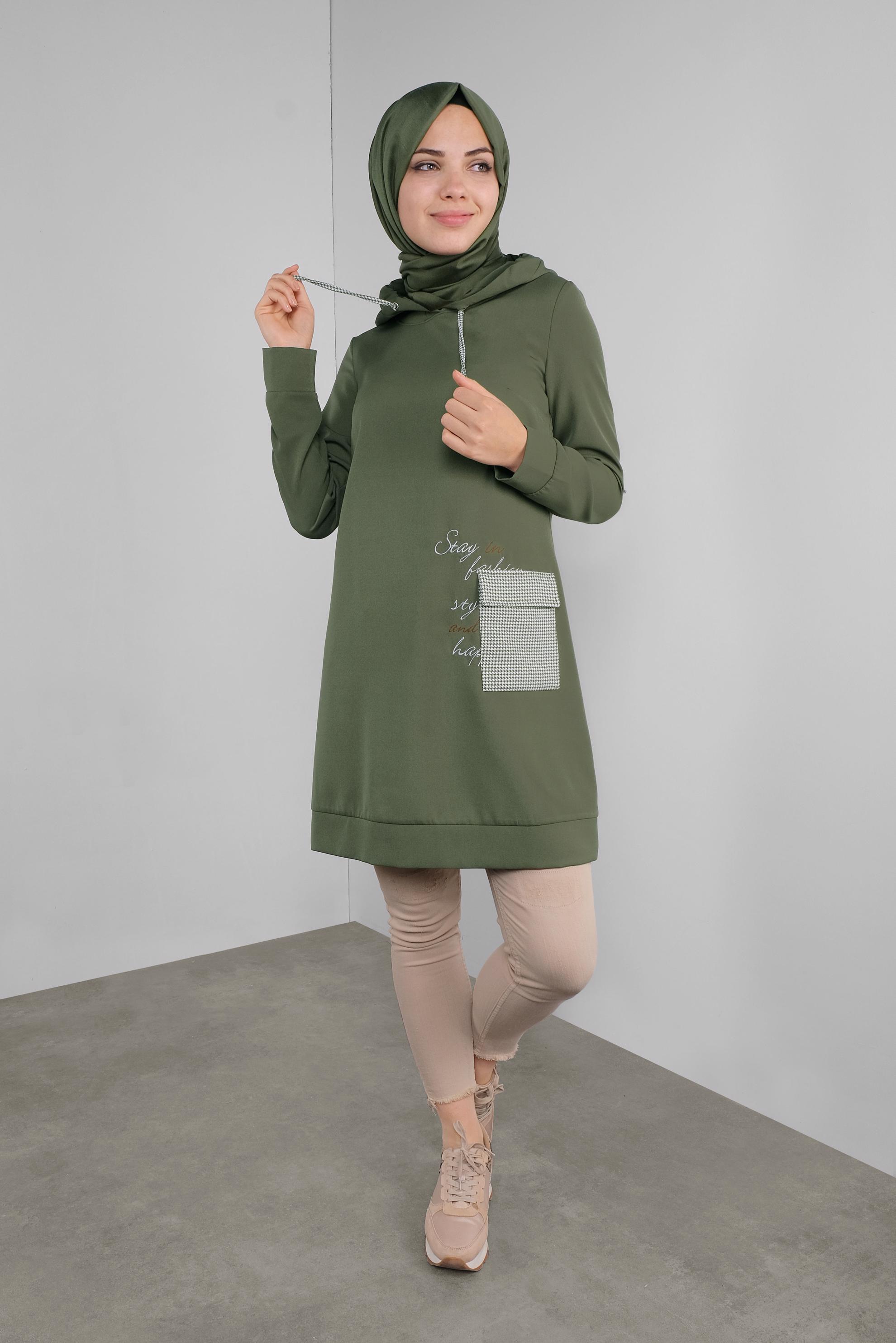 Tesettür giyim HAKİ CEPLİ KAPÜŞONLU TUNİK 41192 