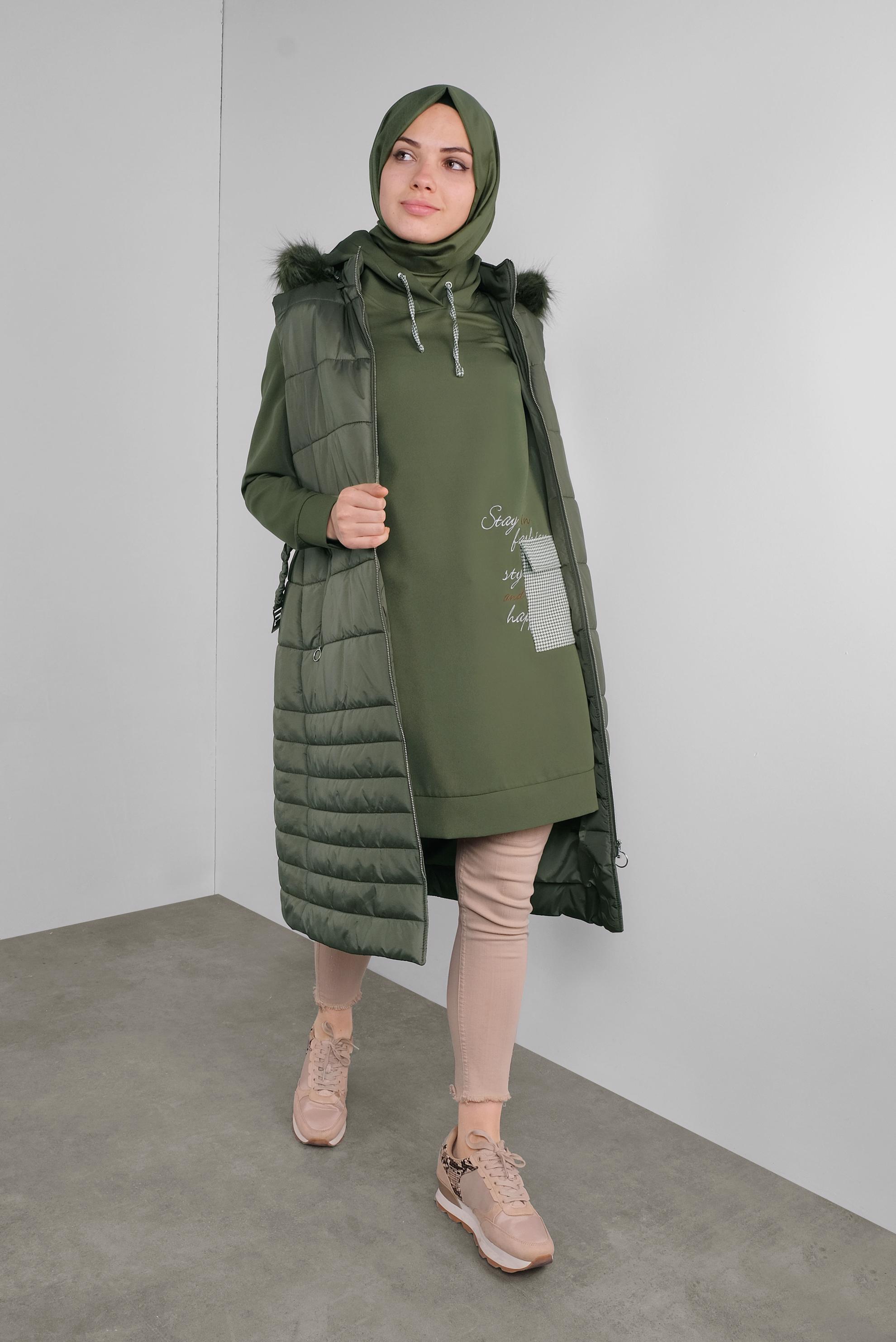 Tesettür giyim HAKİ CEPLİ KAPÜŞONLU TUNİK 41192 